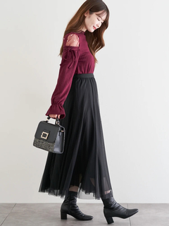 LUDIC PARK(ルディックパーク) |肩チュールシアーパール付きリボントップス