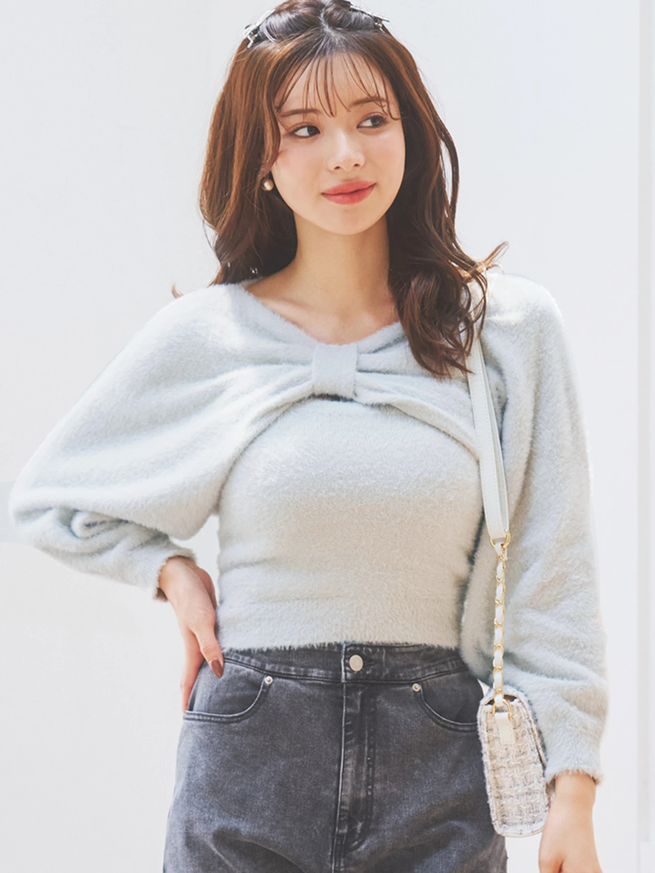 SET]リボンフェザーニットトップス×キャミソール/シフォンアシメ