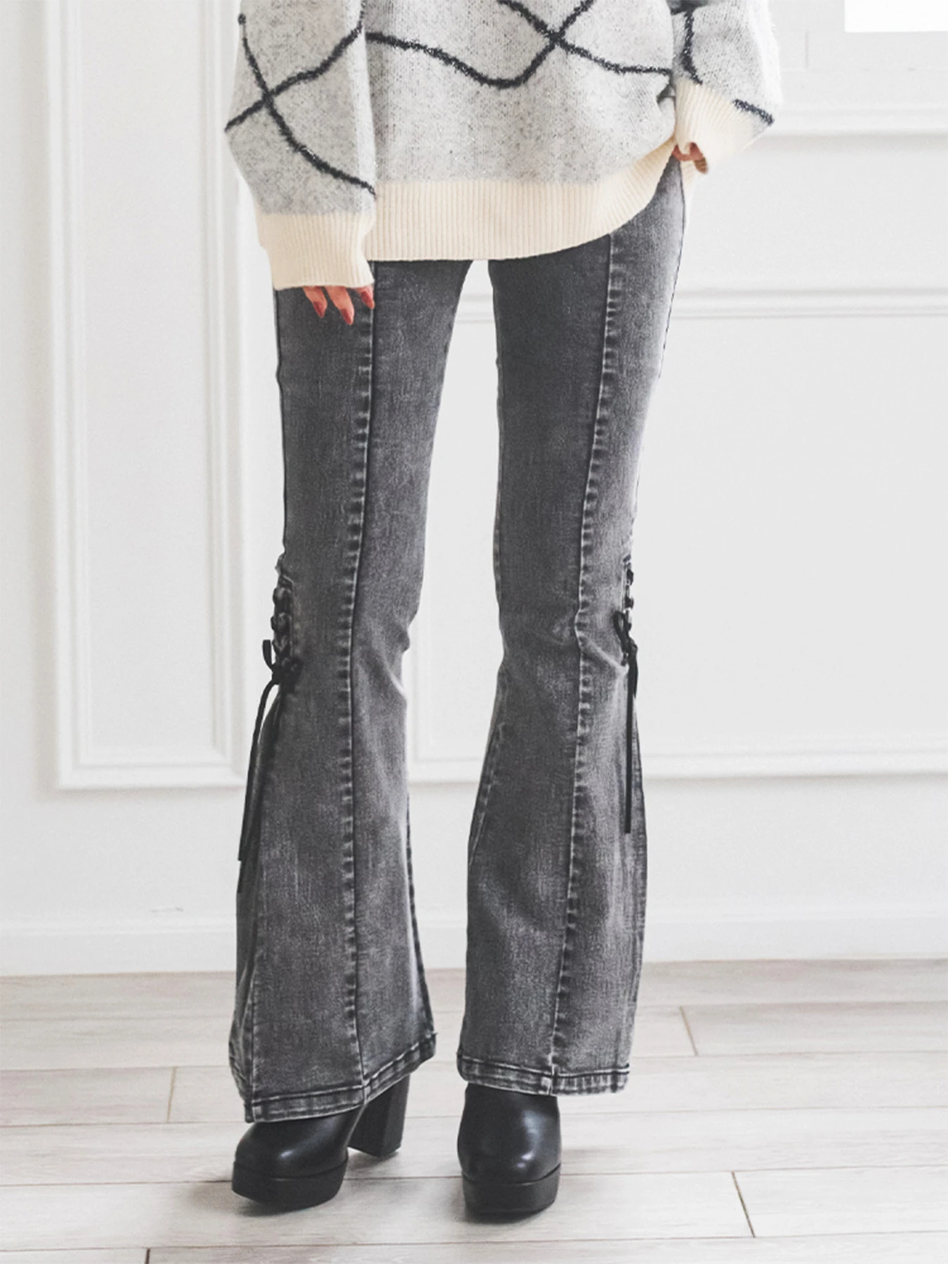 BELPER ベルパー サイド リボン デニム ジーンズ 黒 BELPER ベルパー サイド リボン デニム ジーンズ 黒