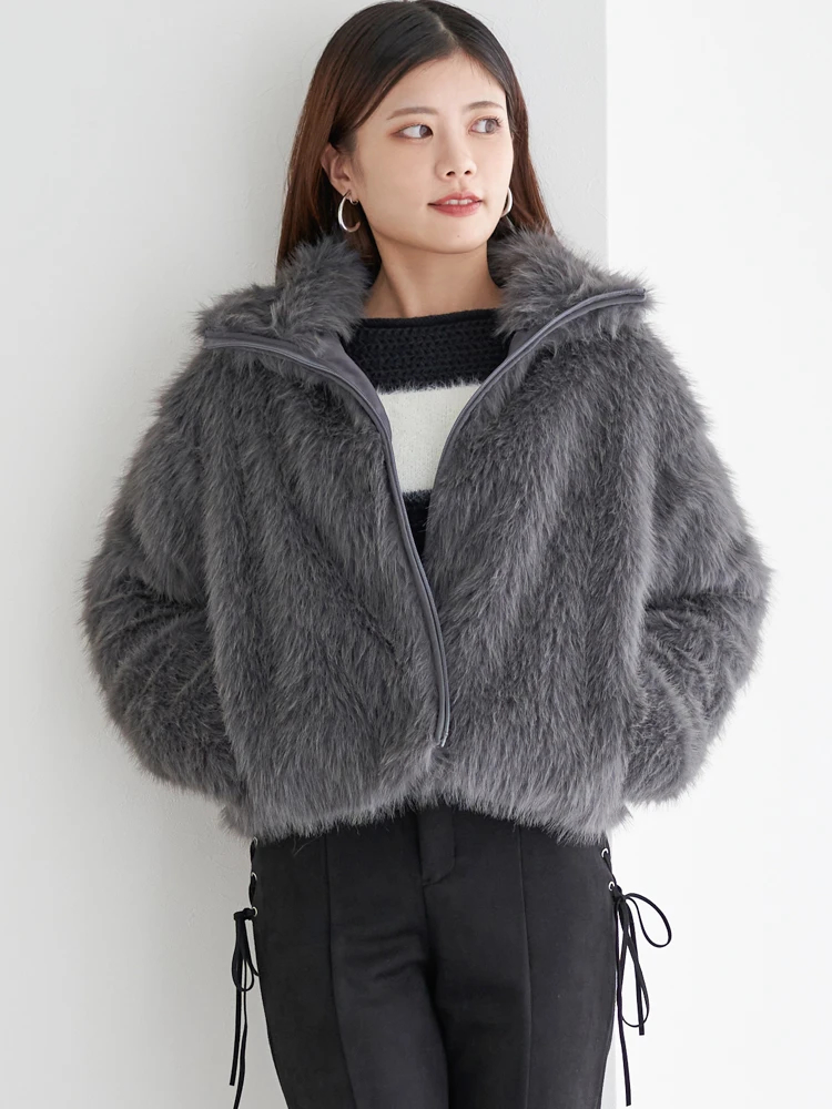 Leilian グレー ジャンパー ファー付き フード付きジップジャケット | レリアン プラスハウス(Leilian PLUS