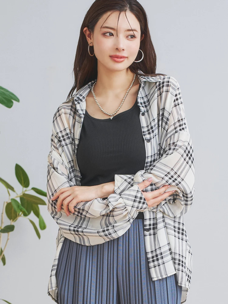 チェック柄シフォンシャツ