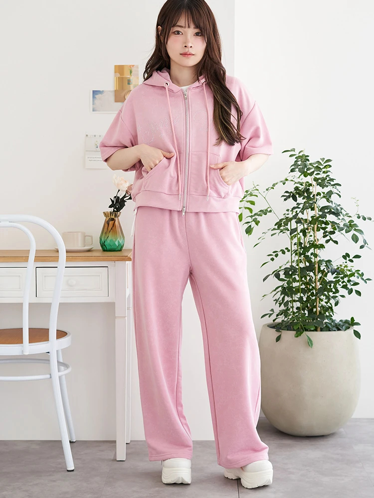 18PINK グラデーションパーカーとパンツセットアップ SETUP】裏毛ルーズ半袖パーカー×スウェットパンツ / LUDIC PARK（ル