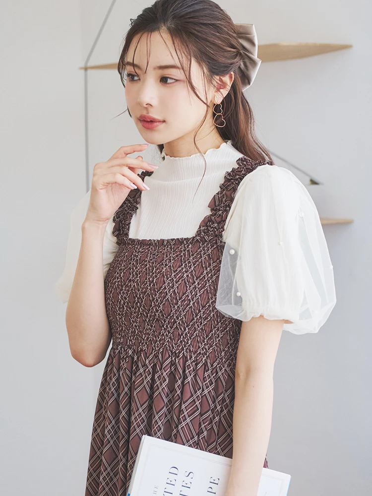 パール付きリブチュールトップス
