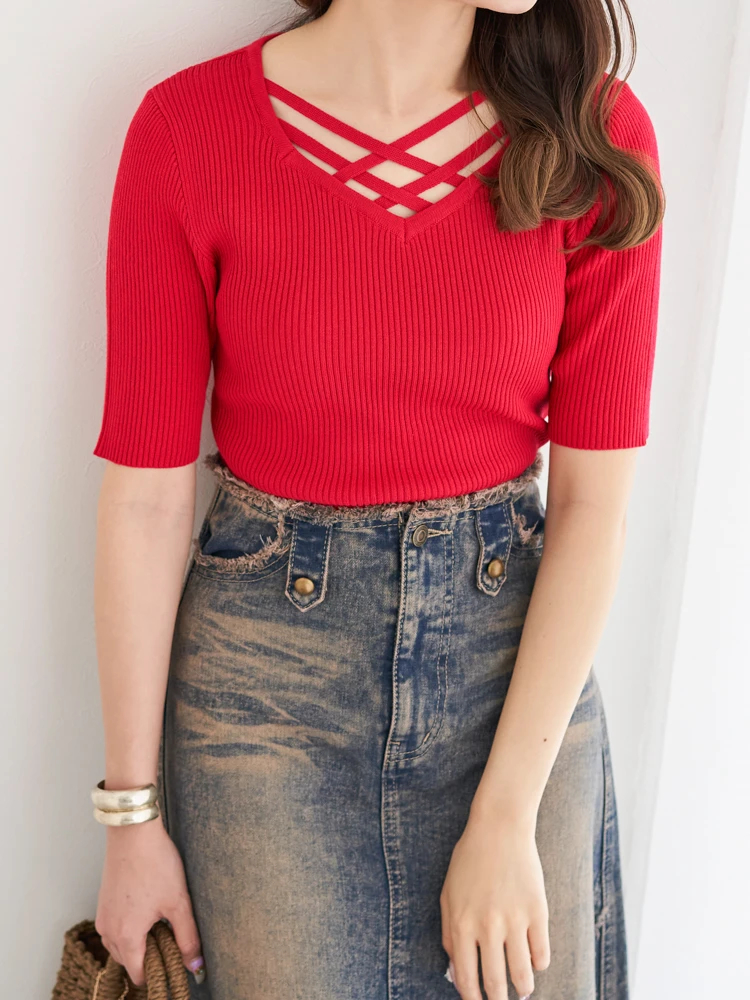 LUDIC PARK(ルディックパーク) |クロスデザイン半袖ニットプルオーバー