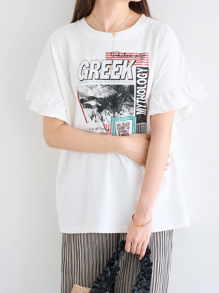 袖フリルバンドカラーTシャツ