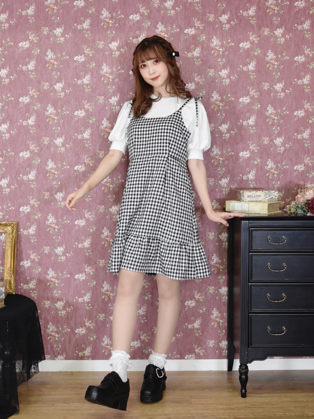 ギンガムキャミワンピアンサンブル ジャンスカ 黒 公式 かわいい量産 地雷のレディースファッションブランドのnoemie ノエミー 公式通販サイト