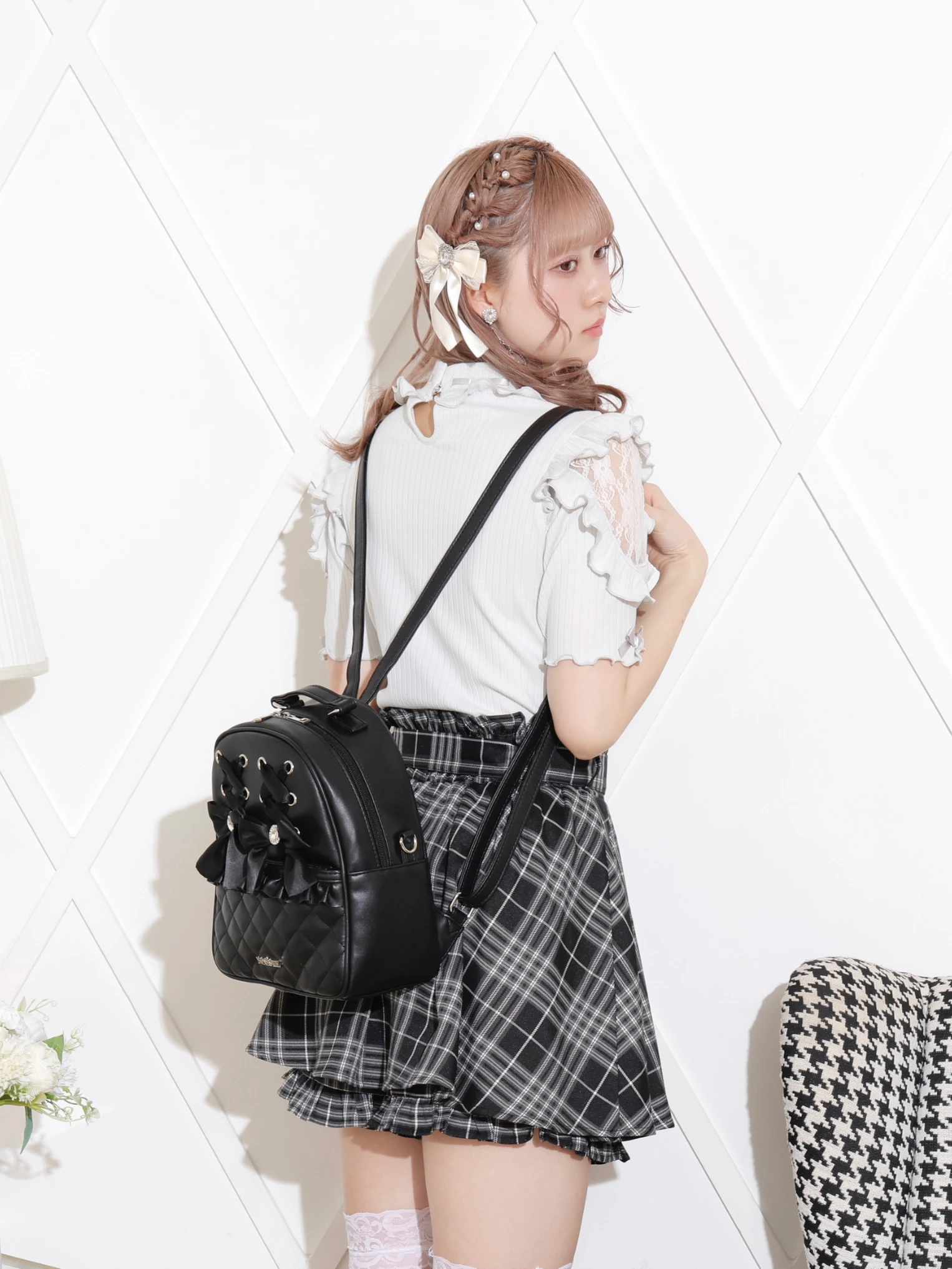 レースアップキルティングリュック（リュック｜ピンク・黒・アイボリー