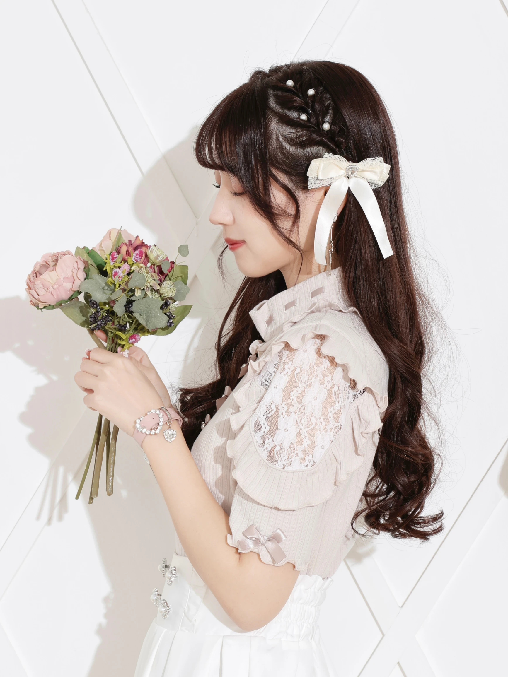 ハートビジューバックルブレスレット（アクセサリー｜ローズピンク・黒