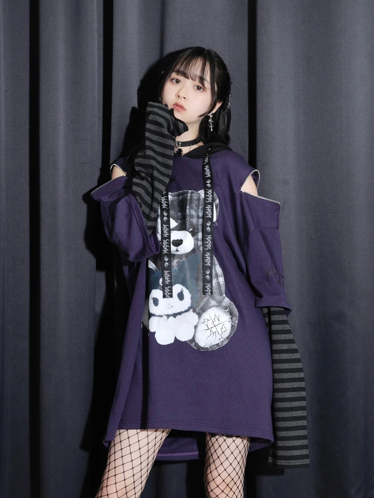 【クロミ】Kuromi フェイクファー 耳付き パーカー 内側 総柄 L 黒×紫