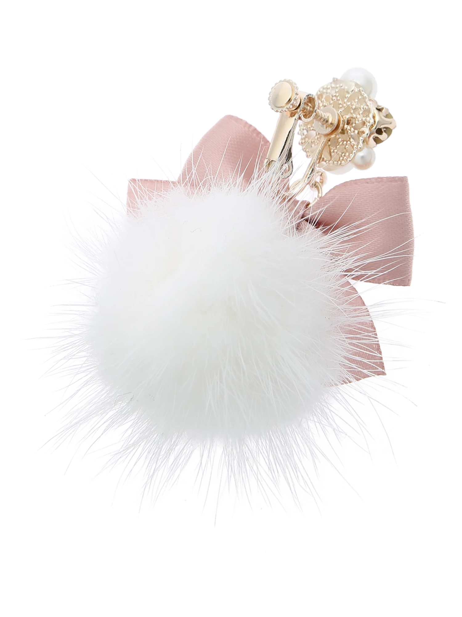 お嬢さんミンクファーリボンイヤリング（アクセサリー｜ピンク・黒