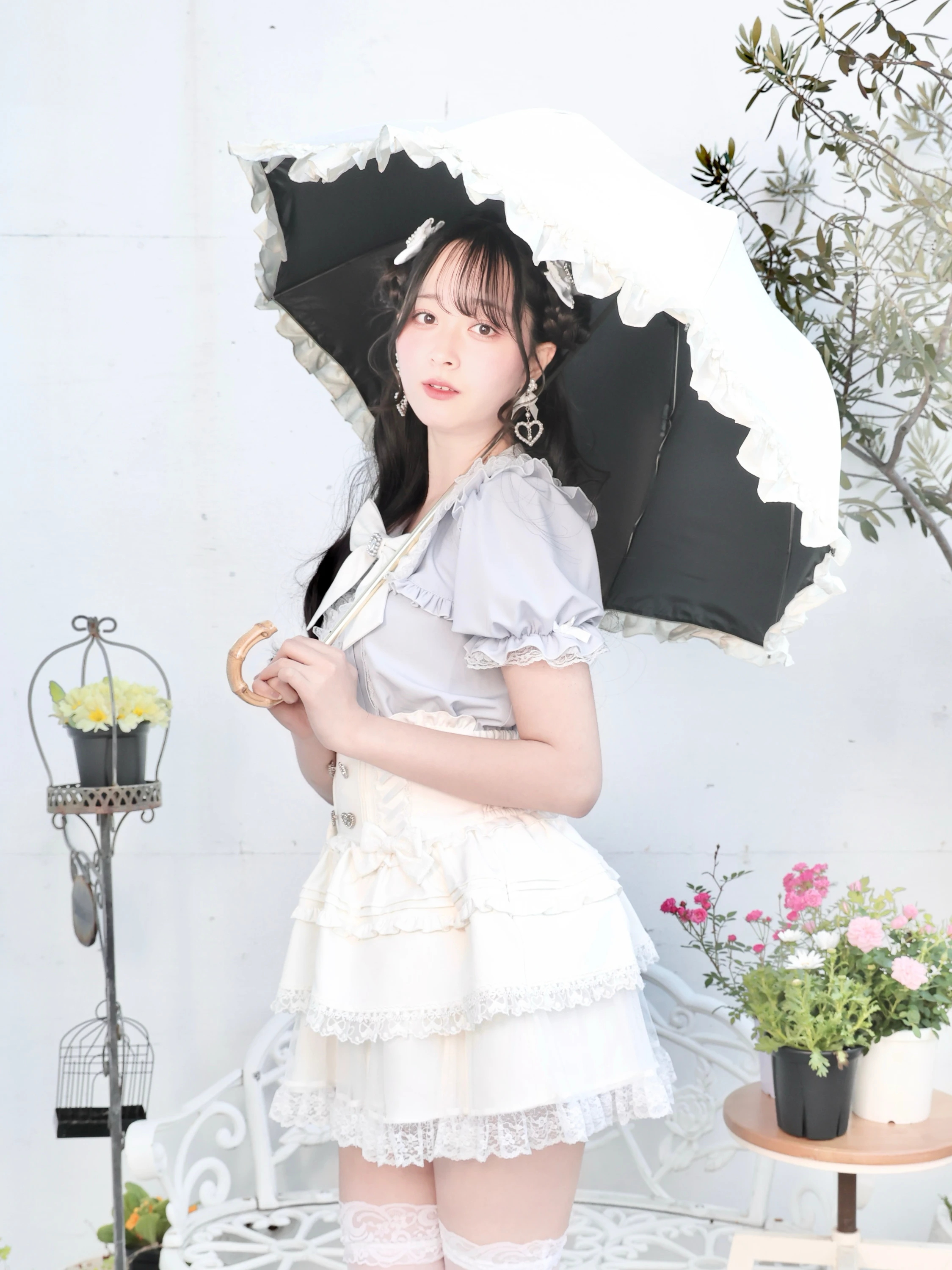 お嬢さんフリル二段折りたたみ日傘（グッズ｜ペールピンク・オフ