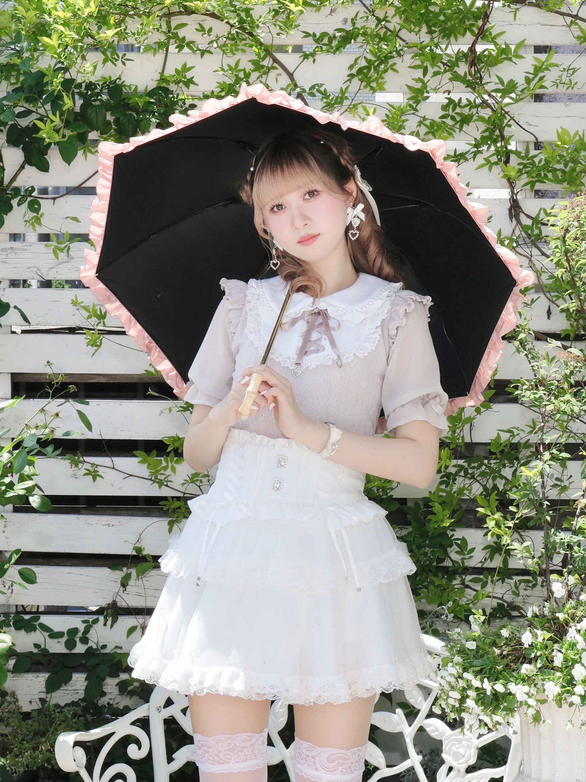 NOEMIE お嬢さんフリル長日傘（グッズ｜黒・オフホワイト・ピンク