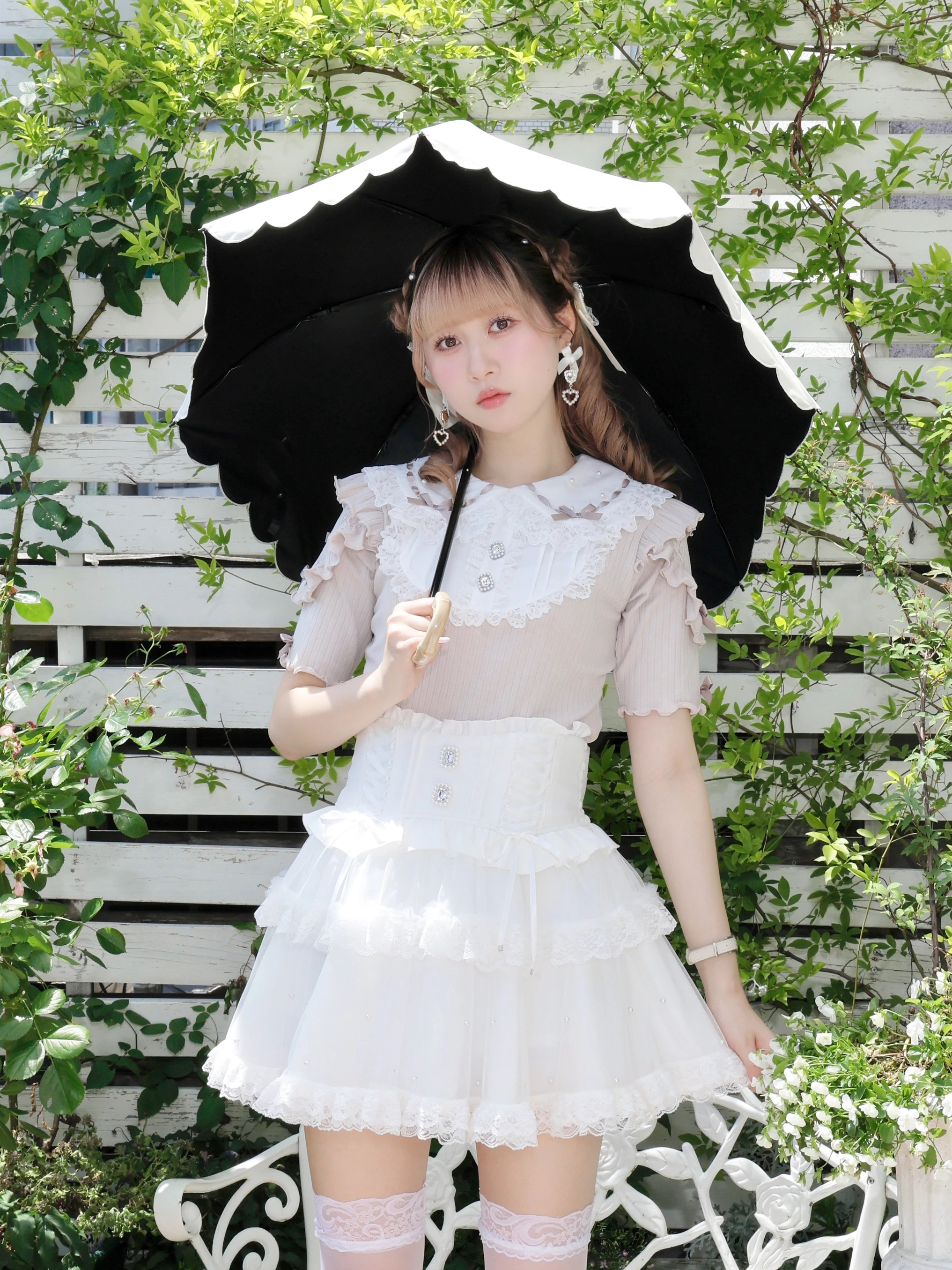 スカラップ二段折りたたみ日傘(グッズ|オフホワイト・黒・紫 スカラップ二段折りたたみ日傘(グッズ|オフホワイト・黒・紫