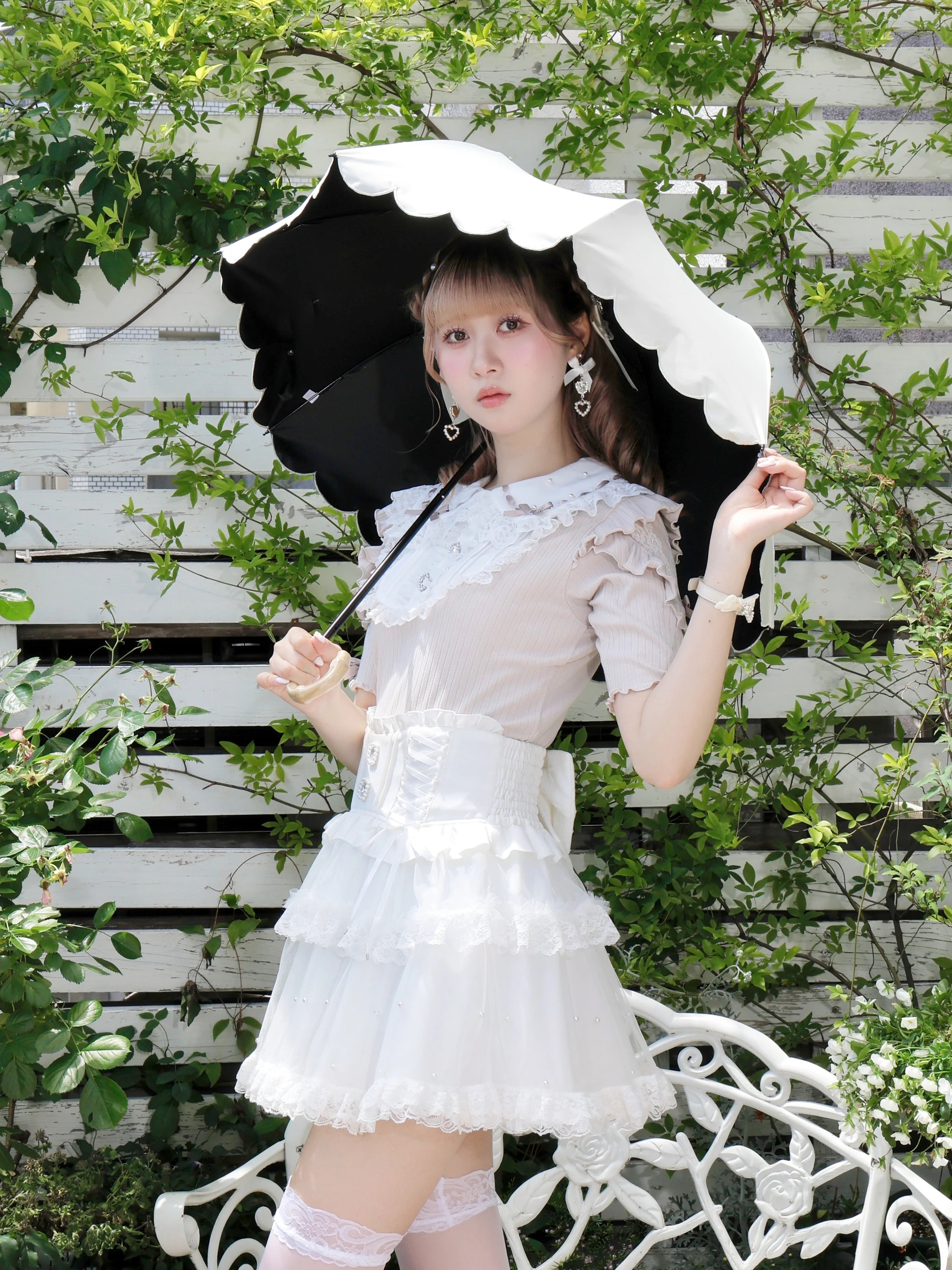 スカラップ二段折りたたみ日傘（グッズ｜オフホワイト・黒・紫