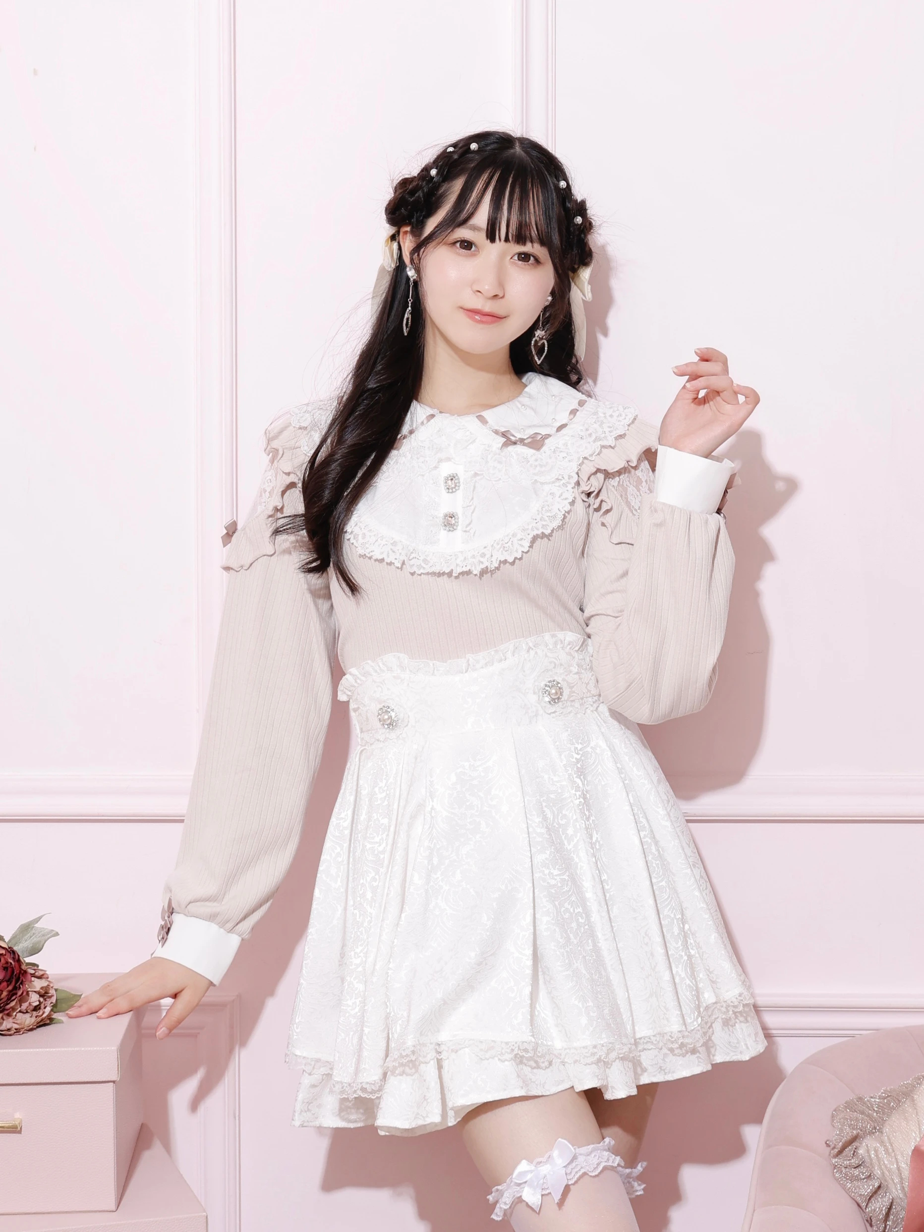 お嬢さんリボンパールフリルヨークカットソー（カットソー・T