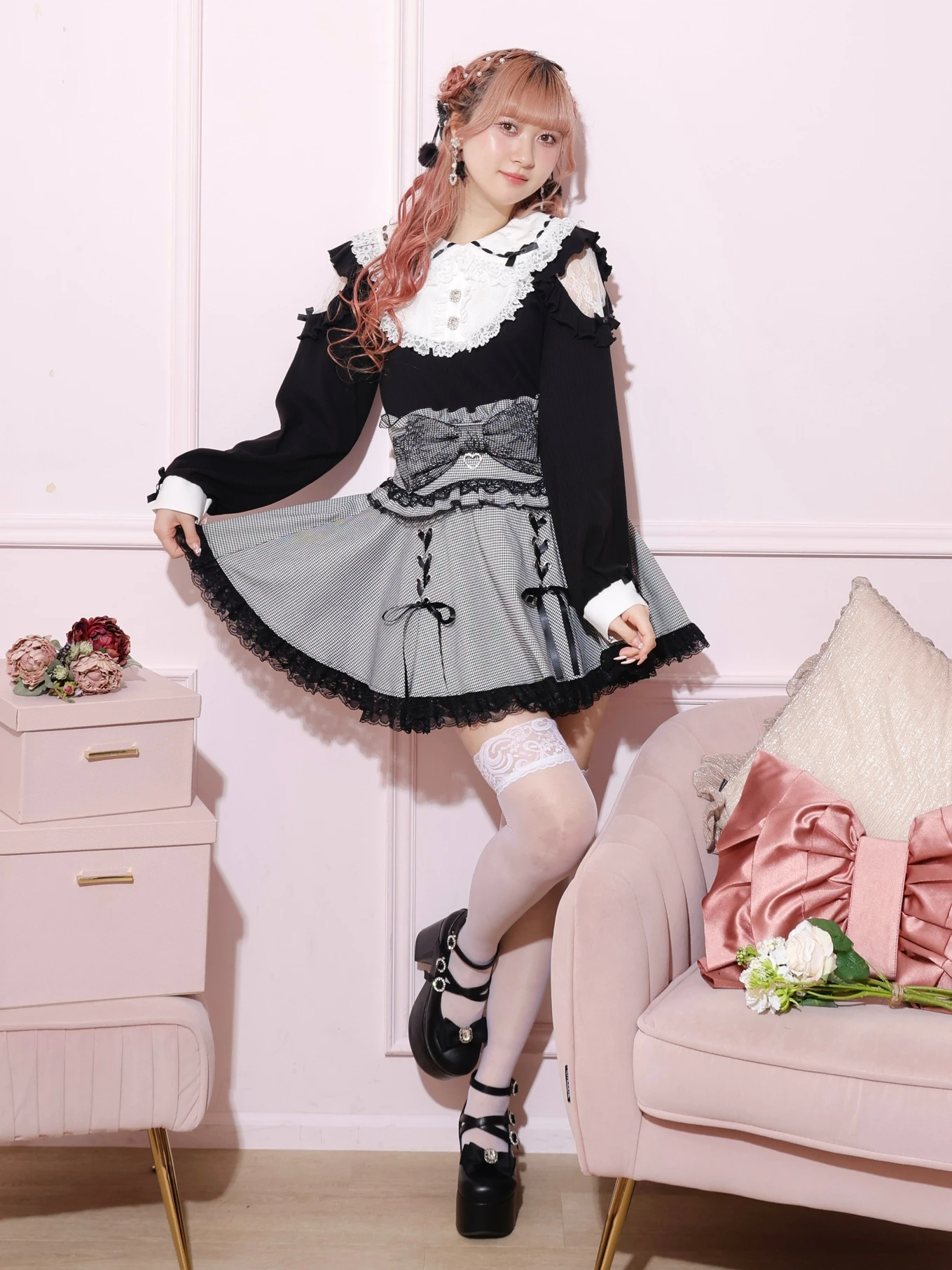 ドーリーリボンダブルスピンドルスカパン（ミニスカート｜ピンク・黒