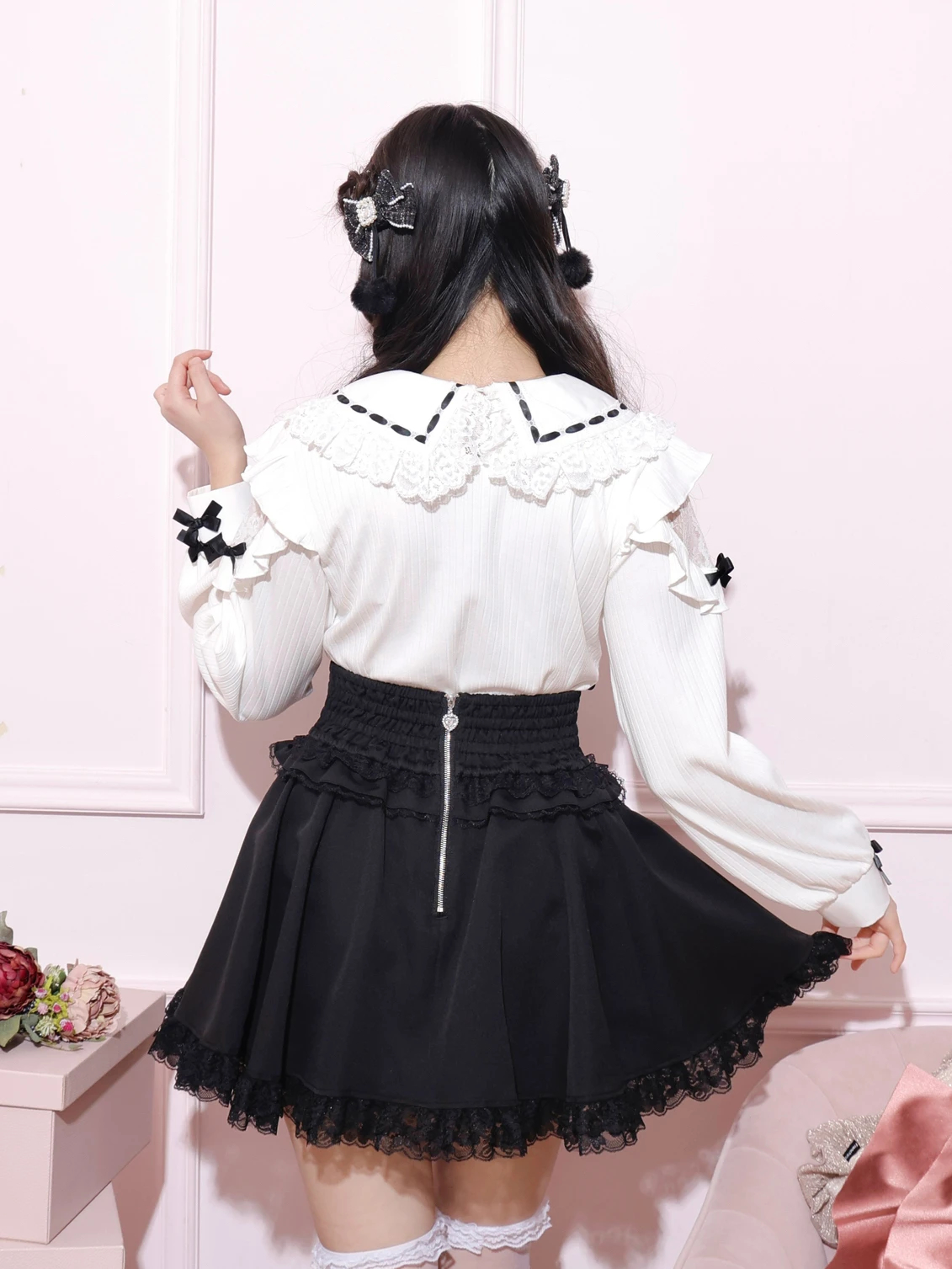 ドーリーリボンダブルスピンドルスカパン（ミニスカート｜ピンク・黒