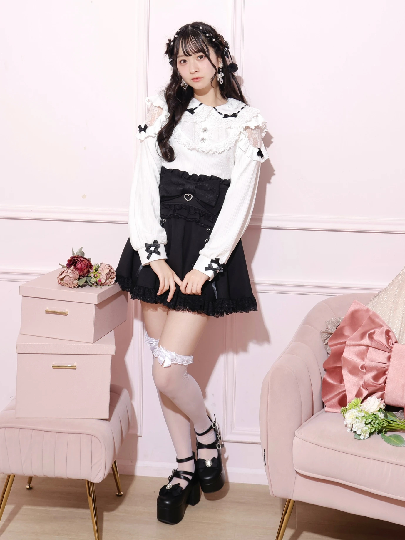 ドーリーリボンダブルスピンドルスカパン（ミニスカート｜ピンク・黒