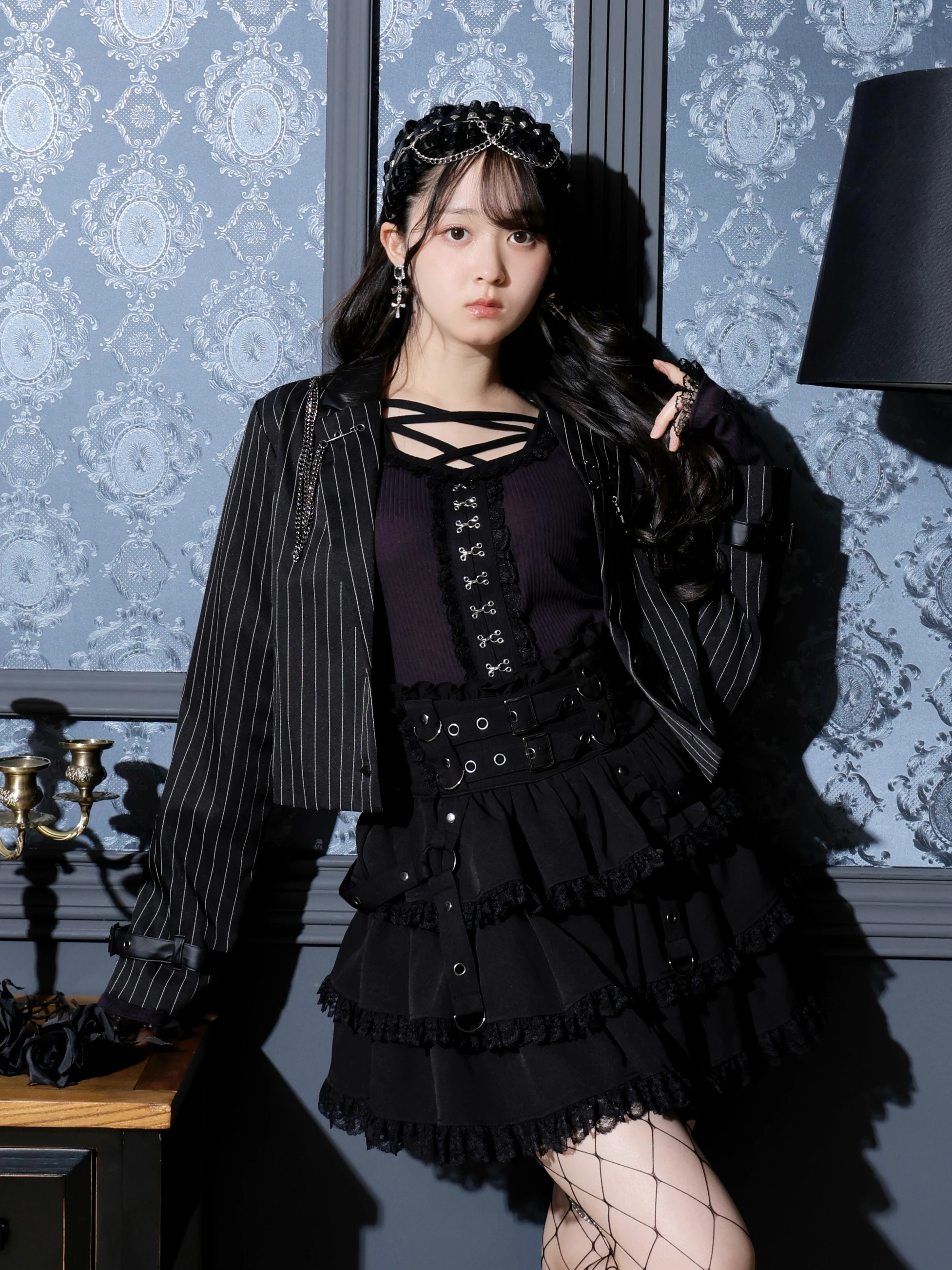 合皮切り替えクロップドテーラージャケット（ブルゾン｜黒・A柄