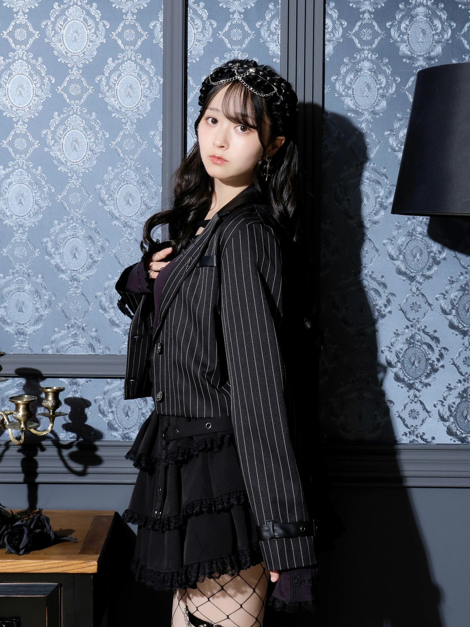 合皮切り替えクロップドテーラージャケット（ブルゾン｜黒・A柄