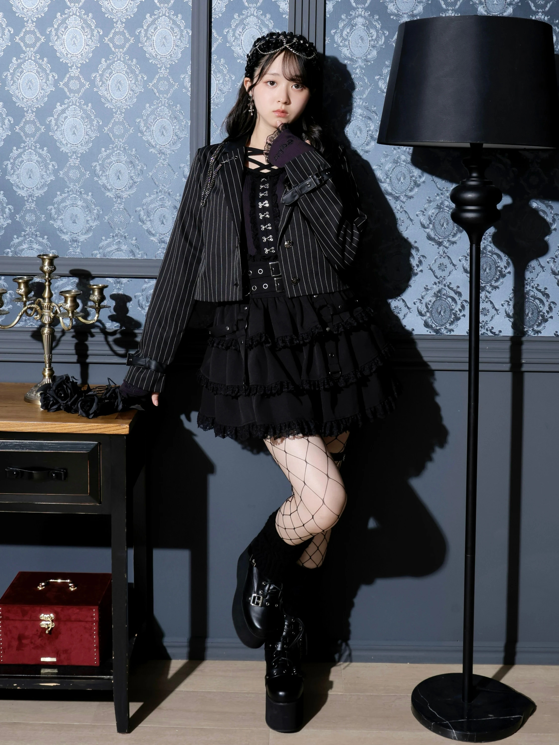 合皮切り替えクロップドテーラージャケット（ブルゾン｜黒・A柄