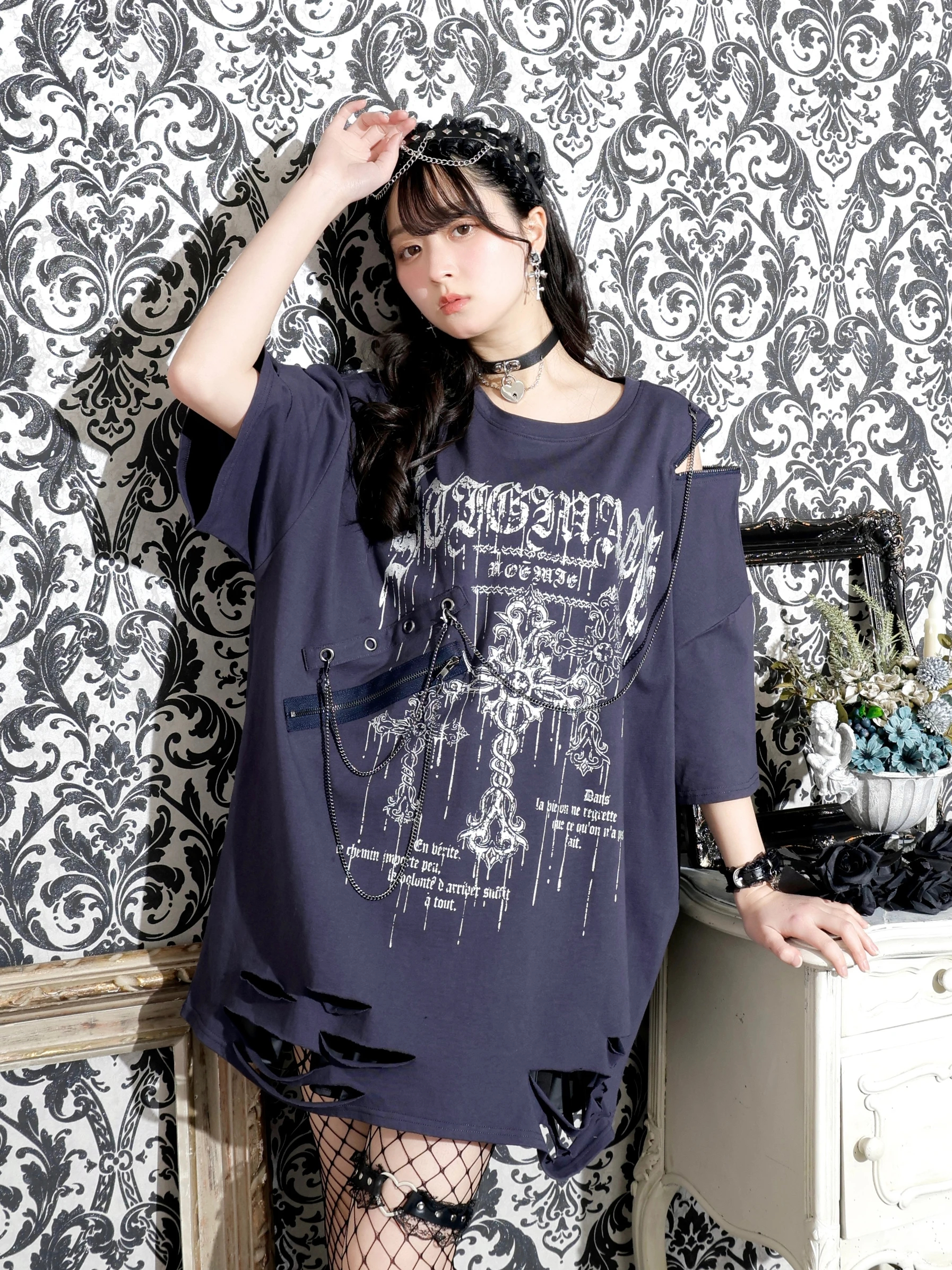 NOEMIE　サブカル系　Tシャツ ハートサテンフリルスピンドルちびT（カットソー・Tシャツ｜黒