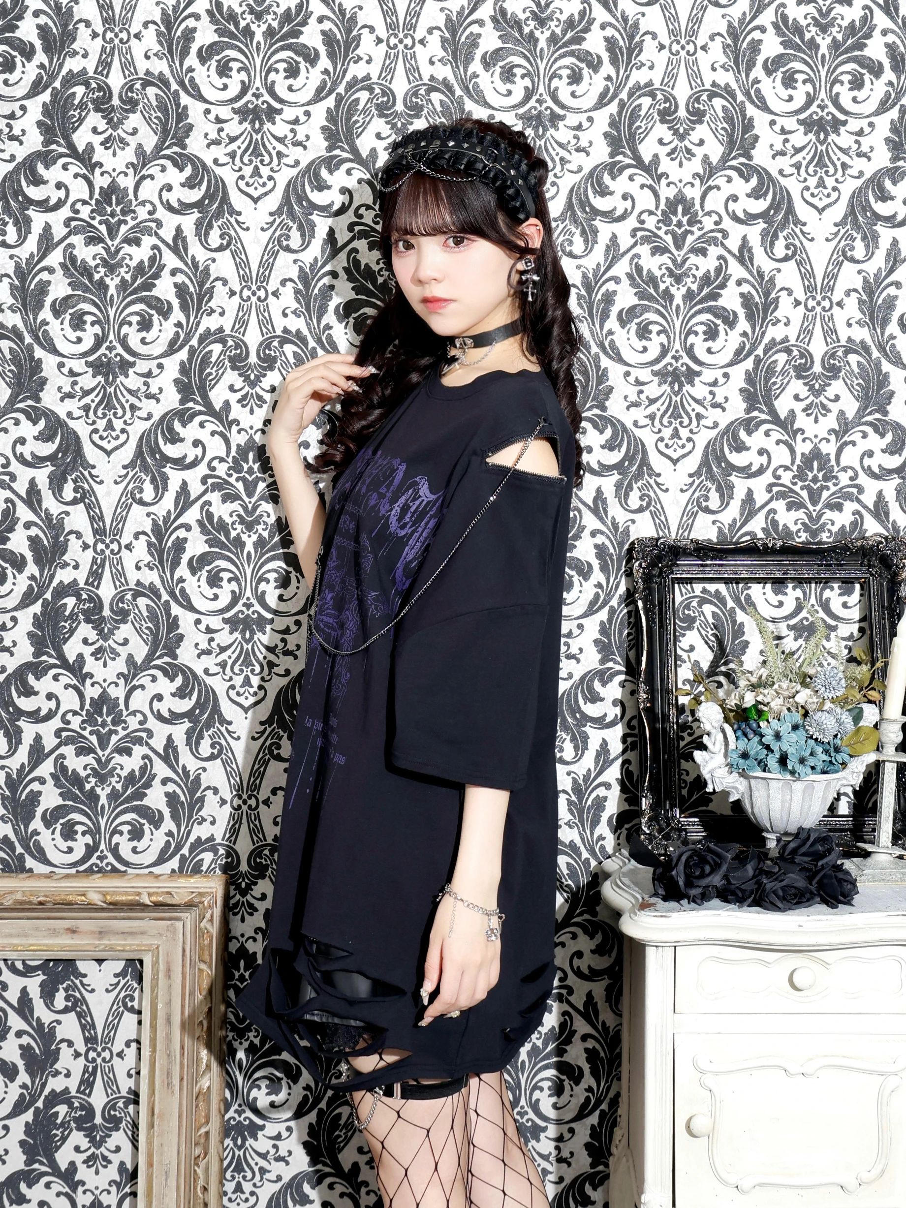 NOEMIE　サブカル系　Tシャツ チェーンダメージユニセックスTシャツ（カットソー・Tシャツ｜黒