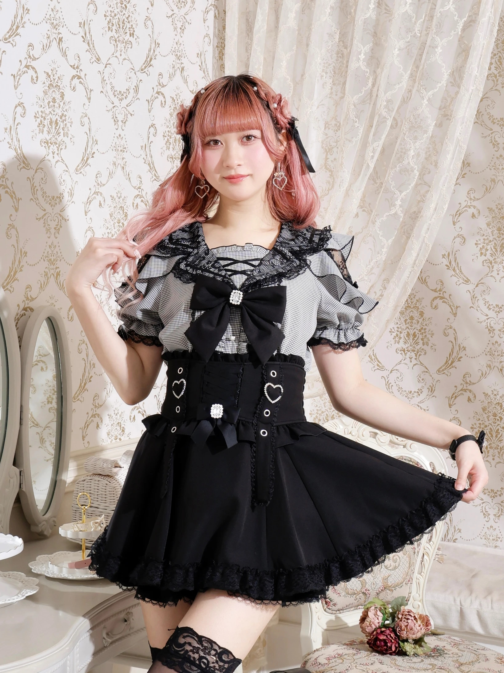 キラキラハートバックルレースアップスカパン（ショートパンツ｜ピンク