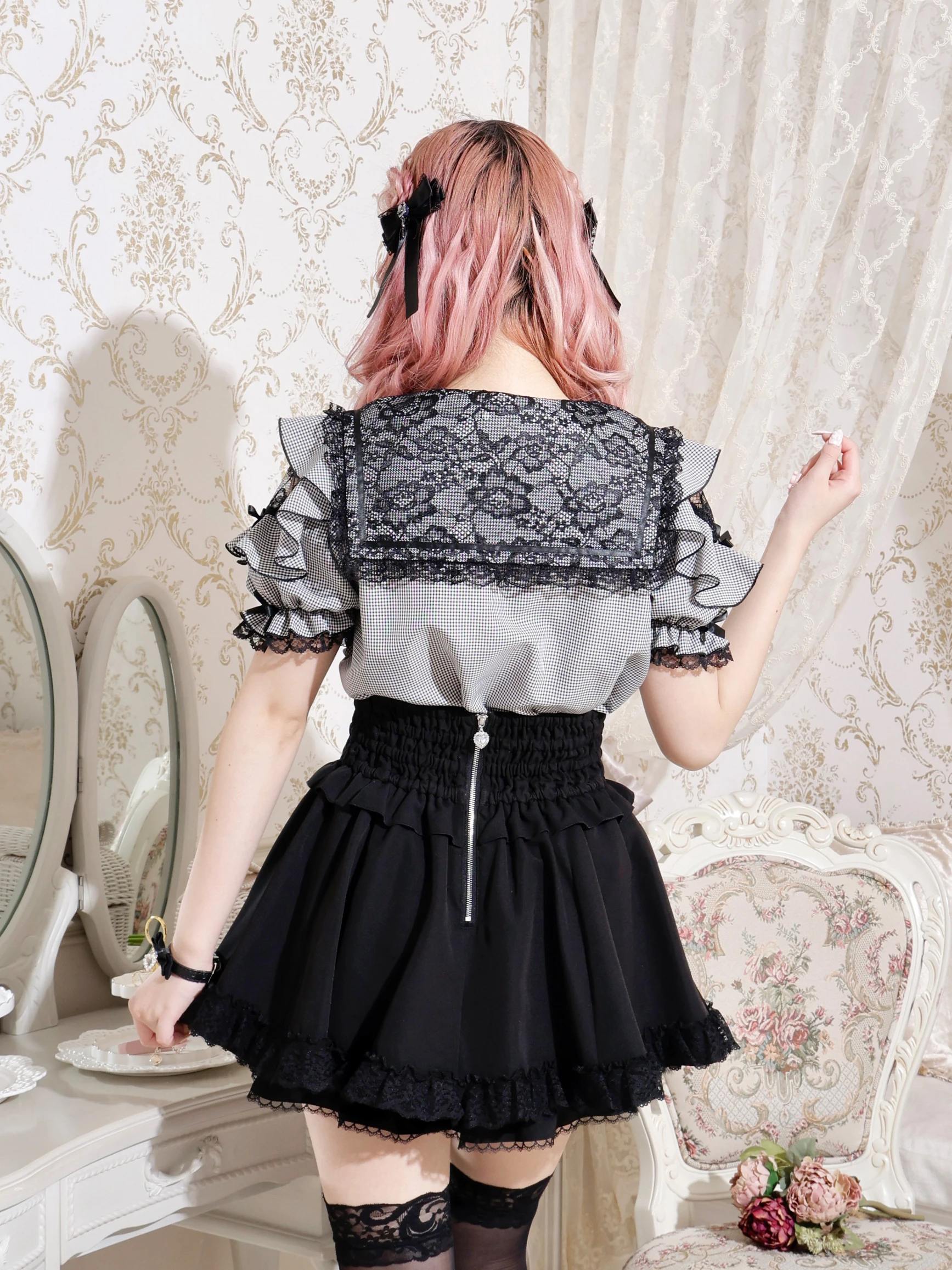 地雷 ロジータ リボン ブラウス ノエミー ベルト スカパン 黒 セットアップ ダブルベルトティアードスカパン（ミニスカート｜赤・紫・濃グレー・黒