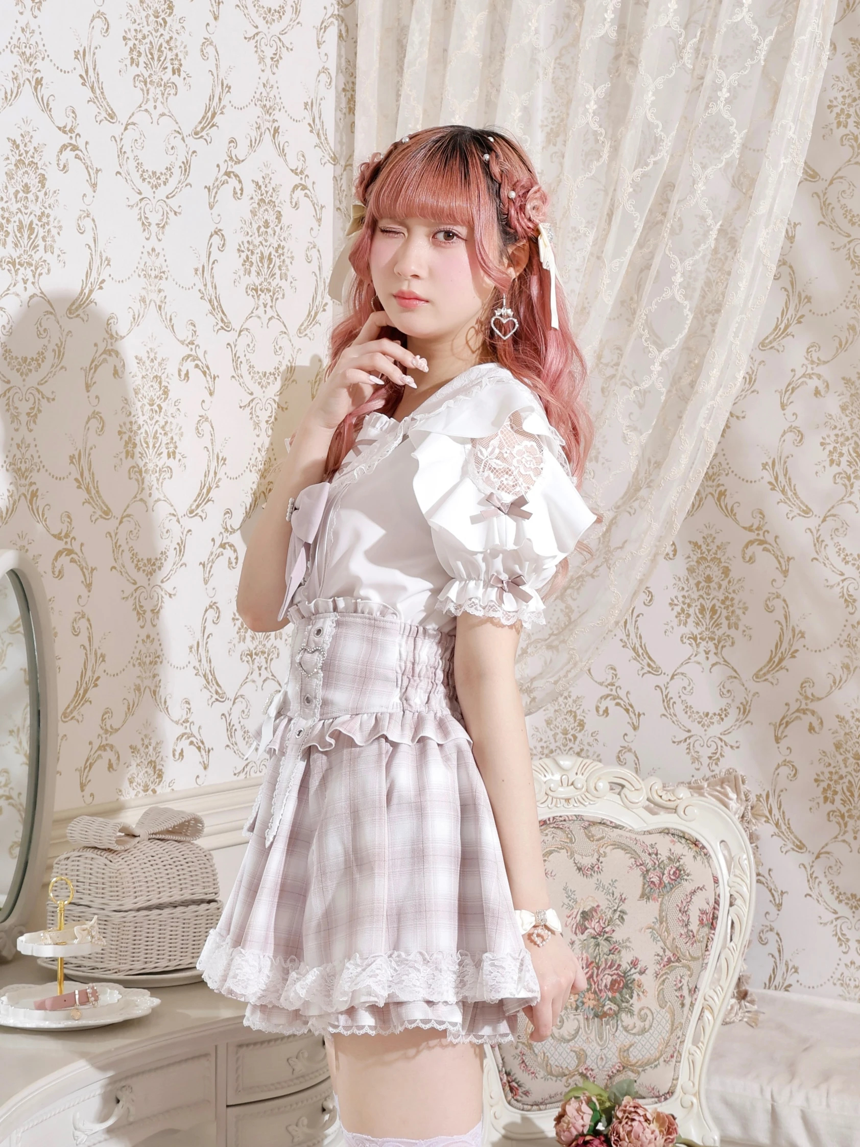 はくちょう様 ノエミー キラキラハートバックルレースアップスカパン 他2点 キラキラハートバックルレースアップスカパン（ショートパンツ｜ピンク