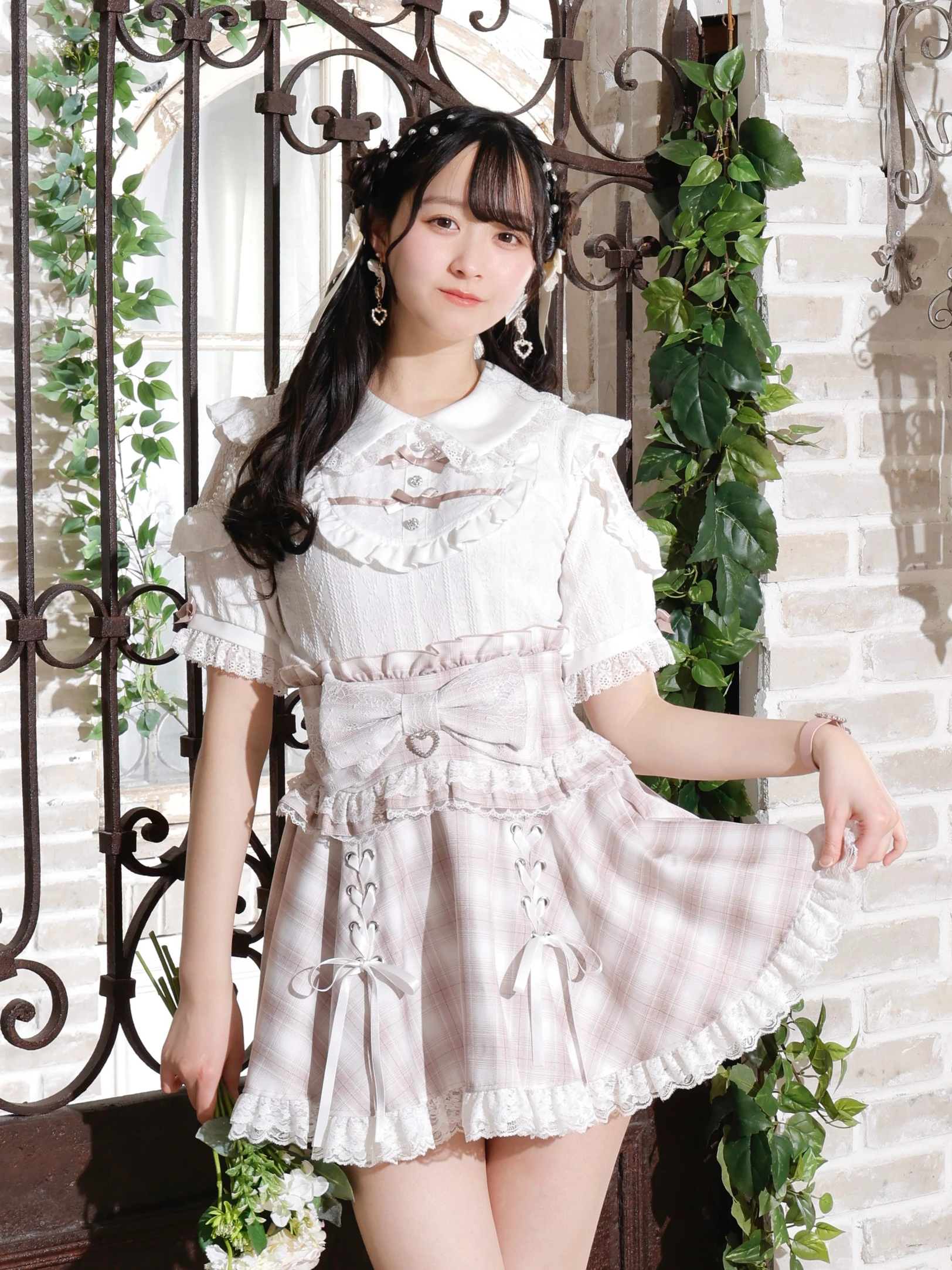 お嬢さんダブルリボンパールショルダーカットソー お嬢さんダブルリボンパールショルダーカットソー（カットソー
