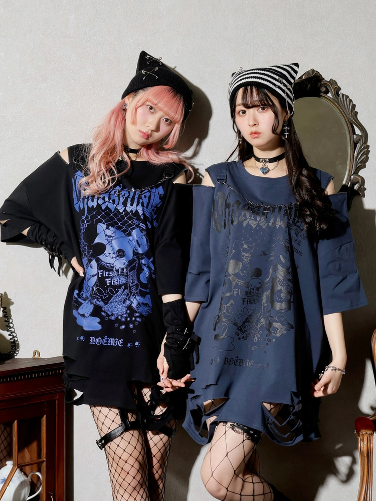 NOEMIE(ノエミー) |病みねこチェーンダメージユニセックスＴシャツ