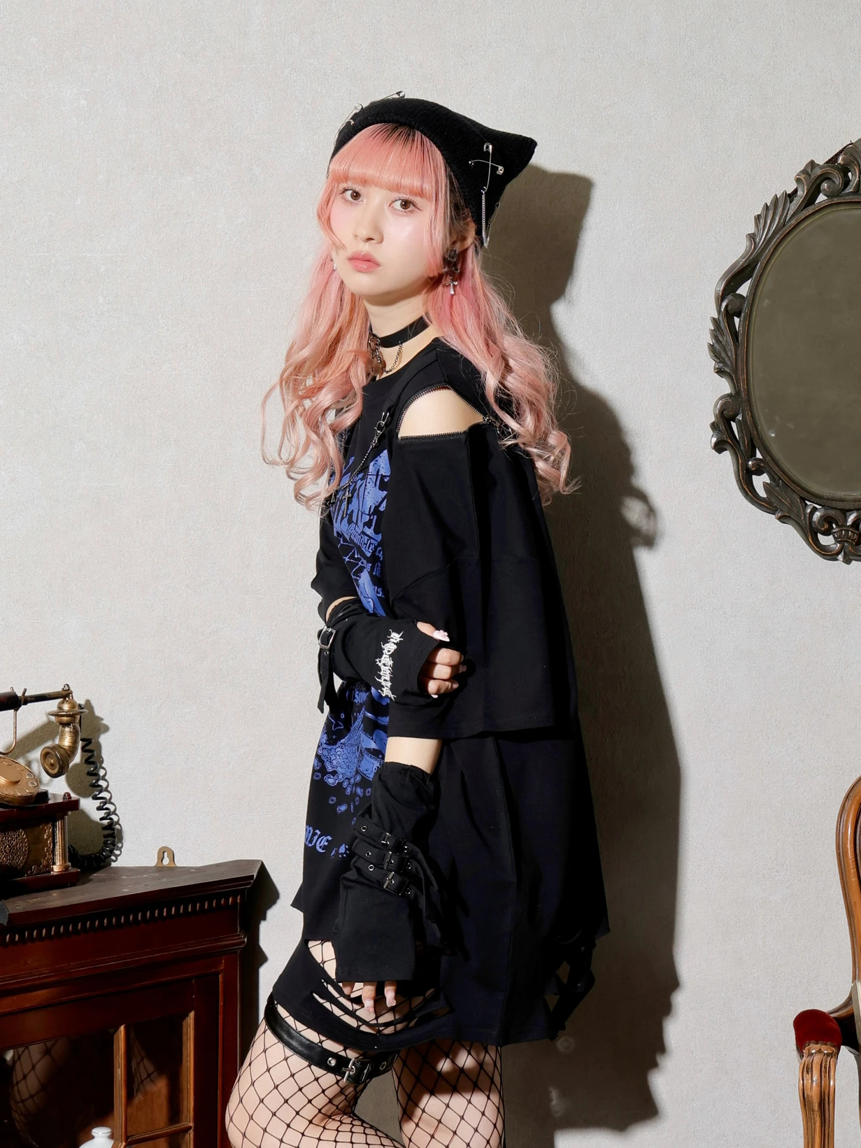 NOEMIE　サブカル系　Tシャツ ハートサテンフリルスピンドルちびT（カットソー・Tシャツ｜黒