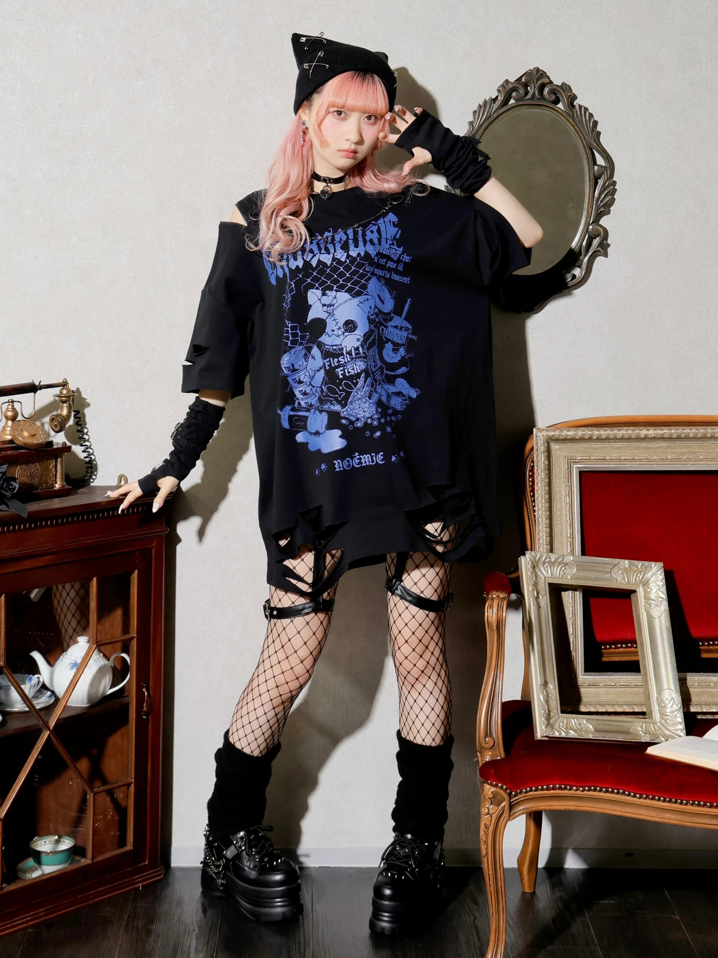 NOEMIE　サブカル系　Tシャツ ハートサテンフリルスピンドルちびT（カットソー・Tシャツ｜黒