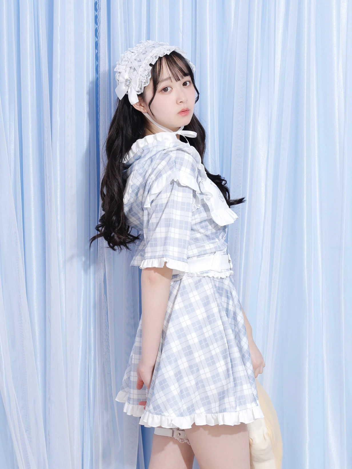 チェックフリルジャージスカパン（ミニスカート｜黒・サックス・ピンク