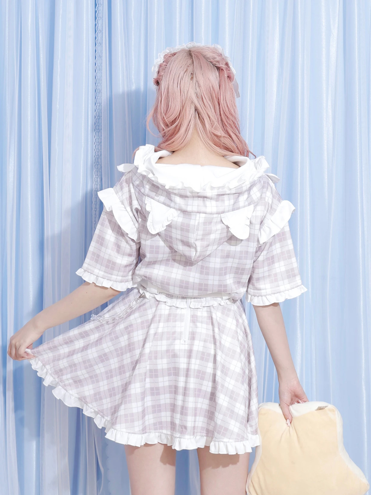 チェックフリルジャージスカパン（ミニスカート｜黒・サックス・ピンク