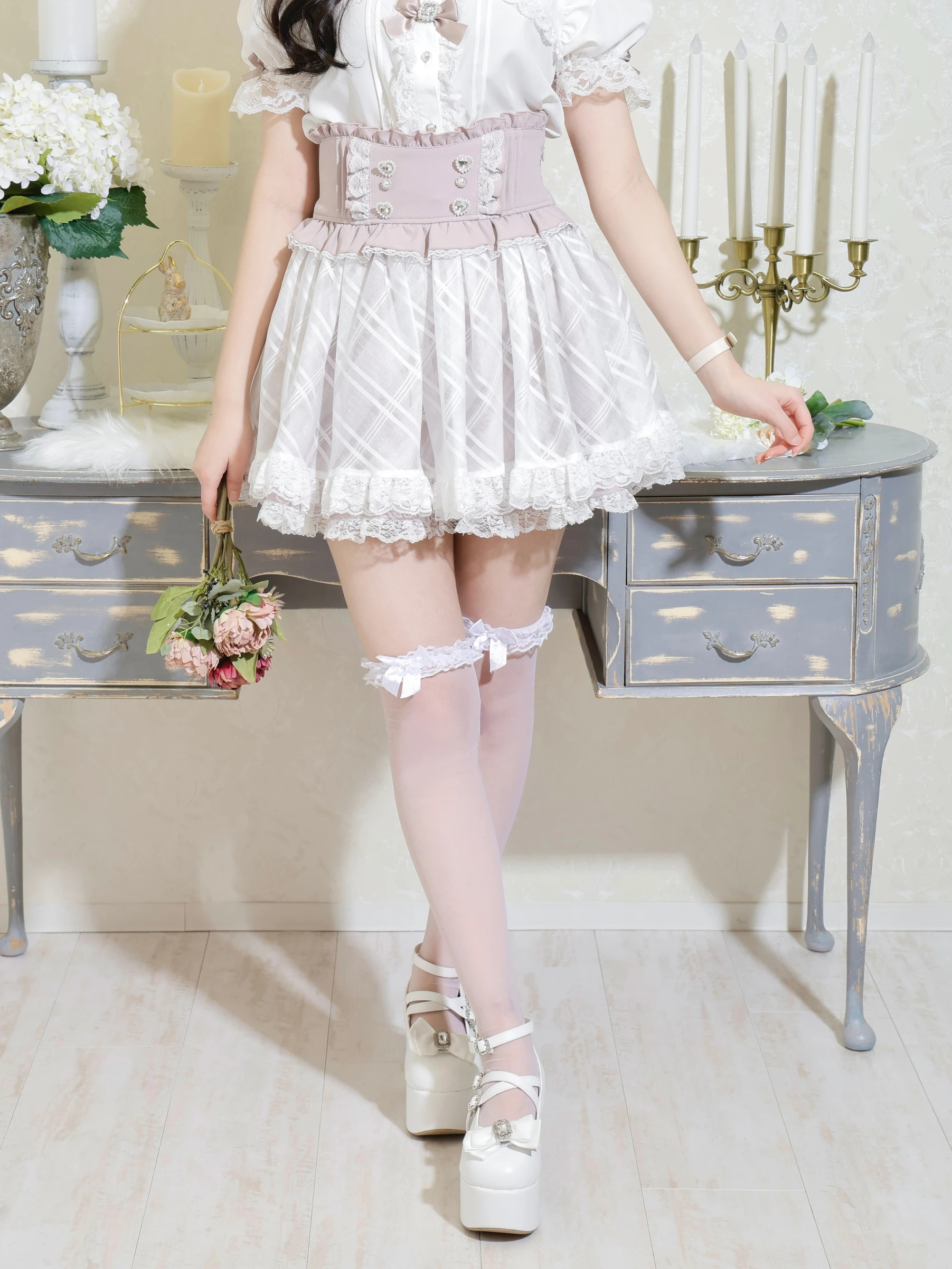 プリンセスシアーチェックフレアスカパン（ミニスカート｜オフホワイト