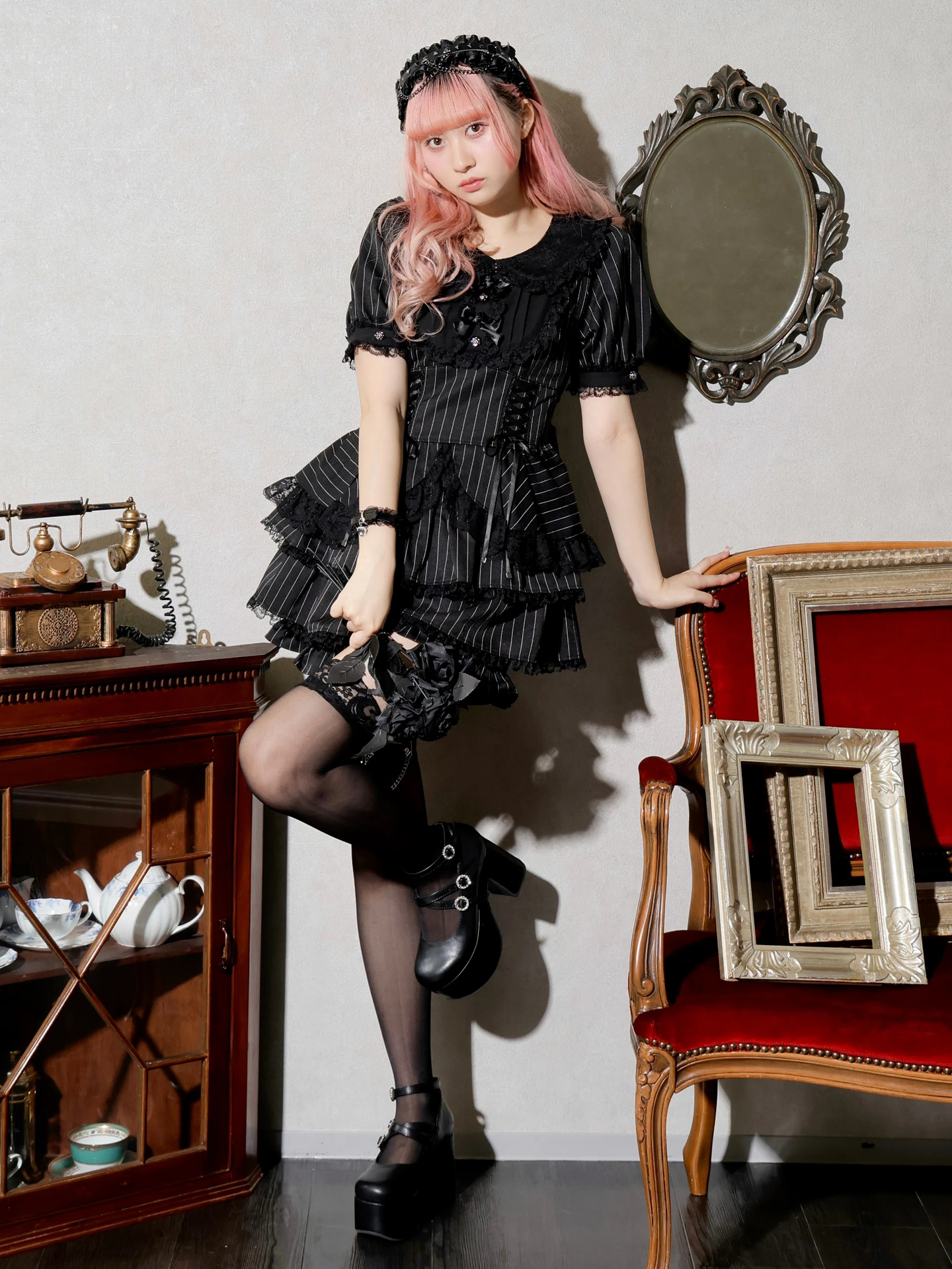 ゴシックローズリボンティアードセットアップ（セットアップ｜グレー