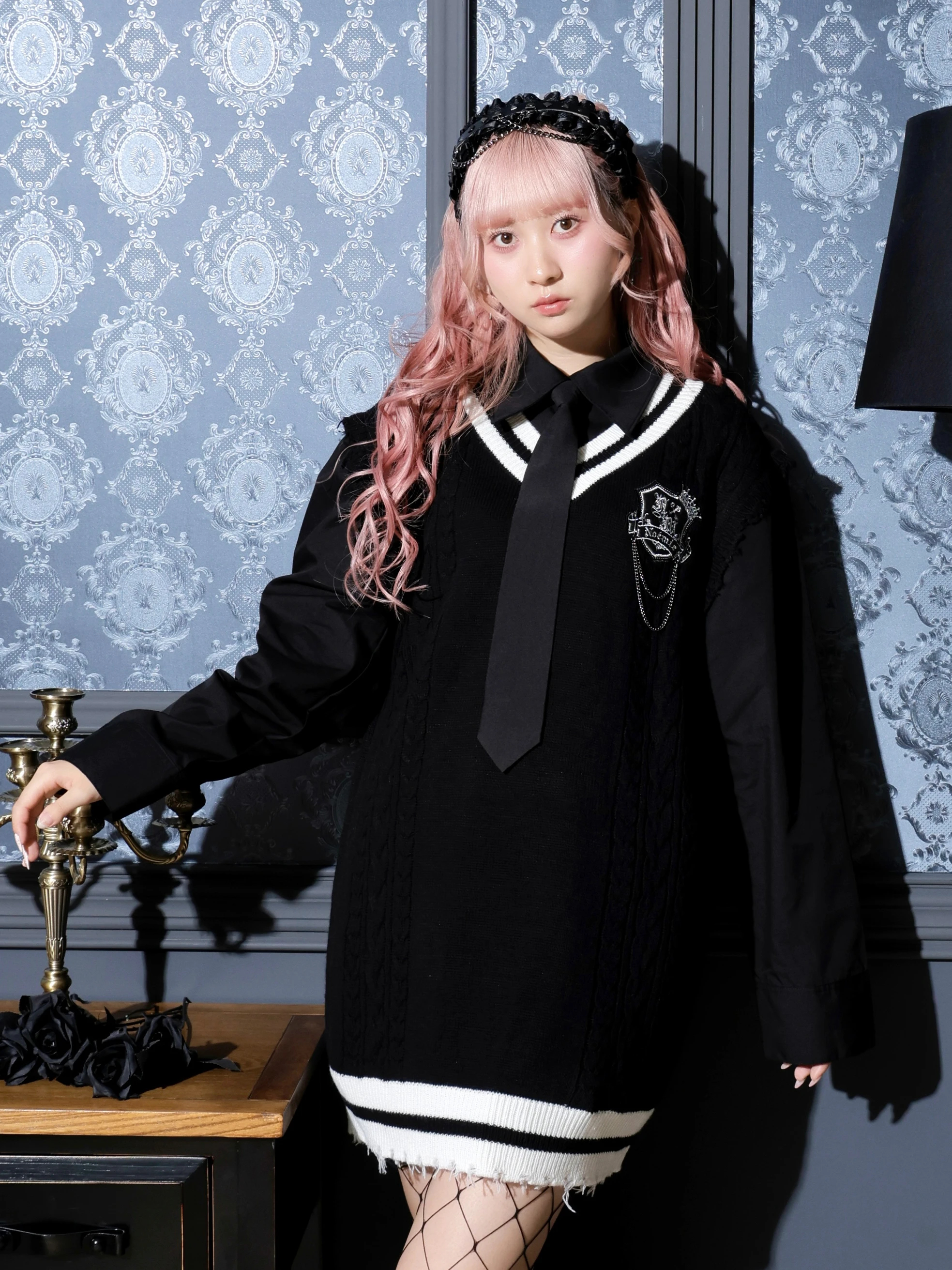 ケーブルフェイクレイヤーユニセックスニットベスト（チュニック｜オフ