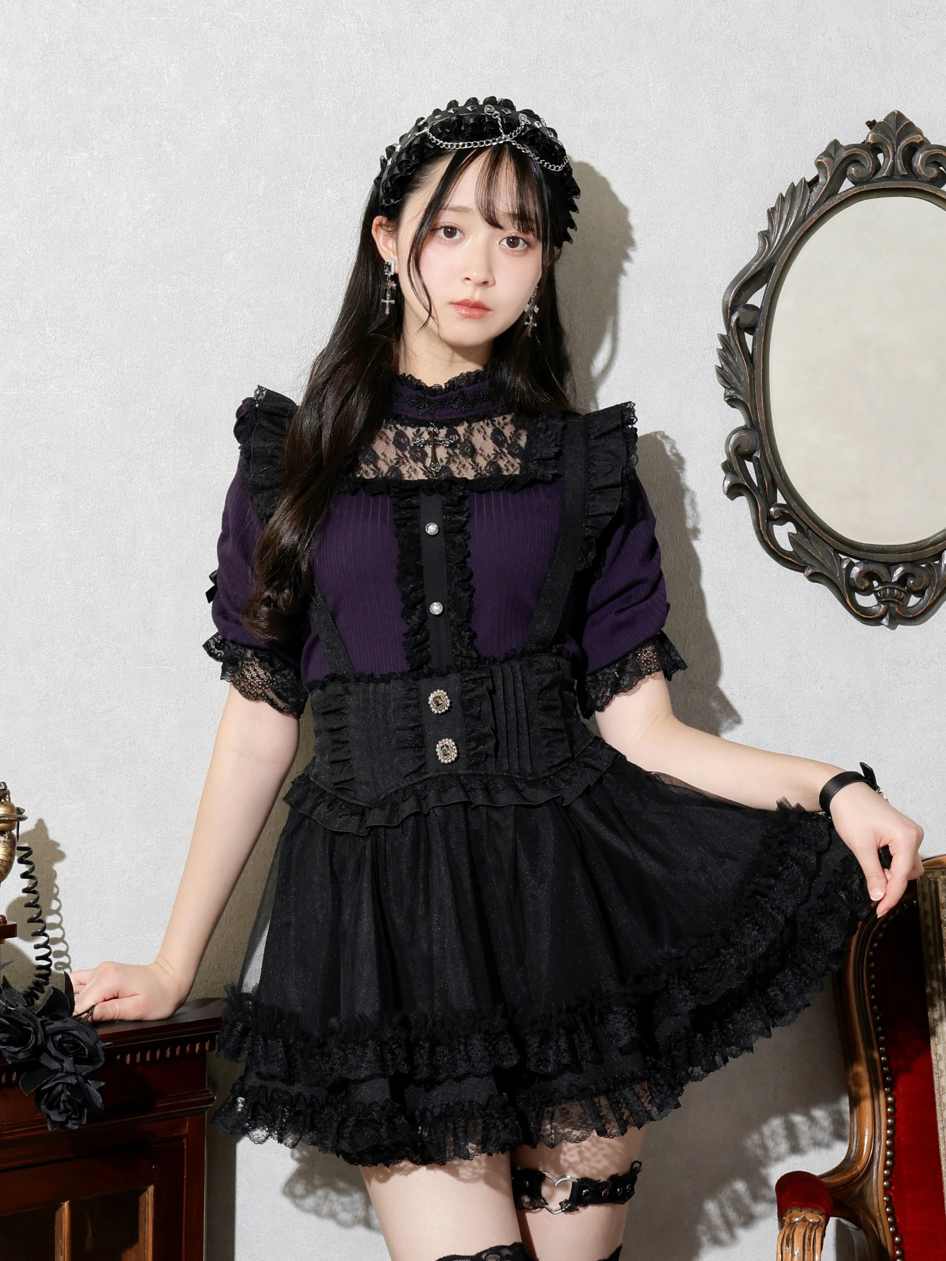 TOGA / 2017SS ブラックミニスカート サスペンダー付き サスペンダー付きハイウエストスカート/クロミ/F i.n.t