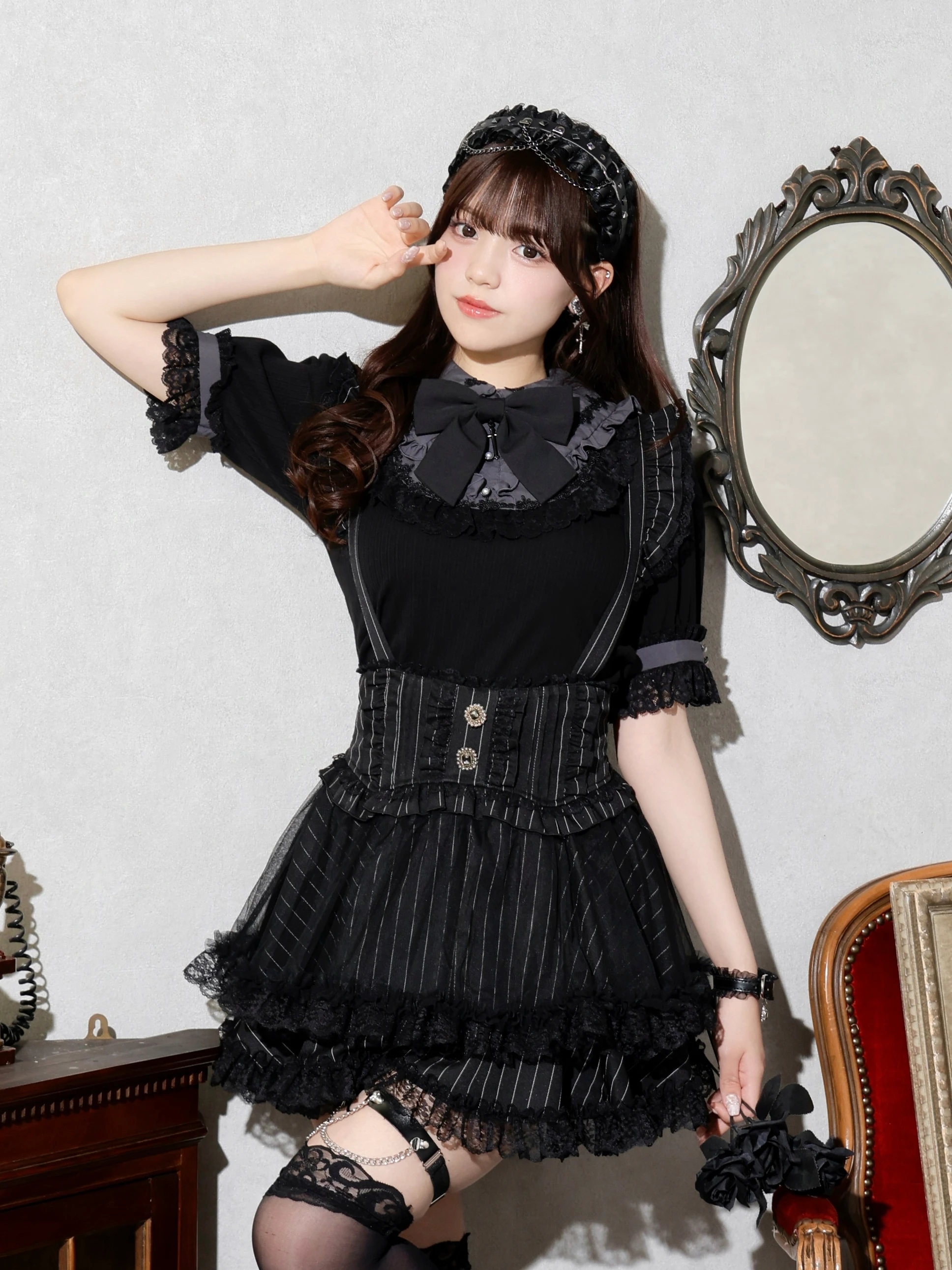 ペネロペヨハンソン　スカート（未使用） ゴシックチュールサスペンダースカパン（ミニスカート｜青・A柄・黒