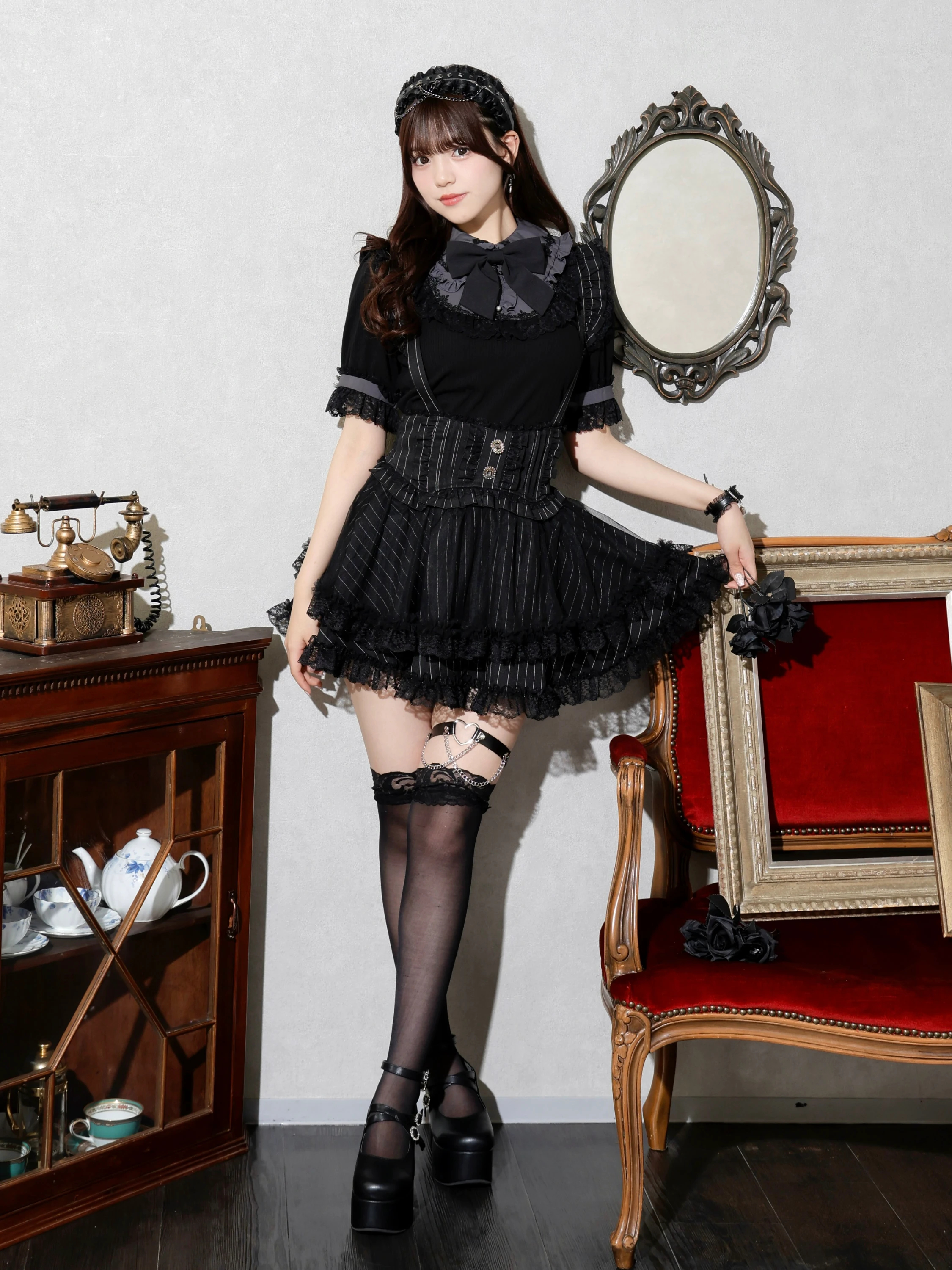 ゴシックチュールサスペンダースカパン（ミニスカート｜青・A柄・黒