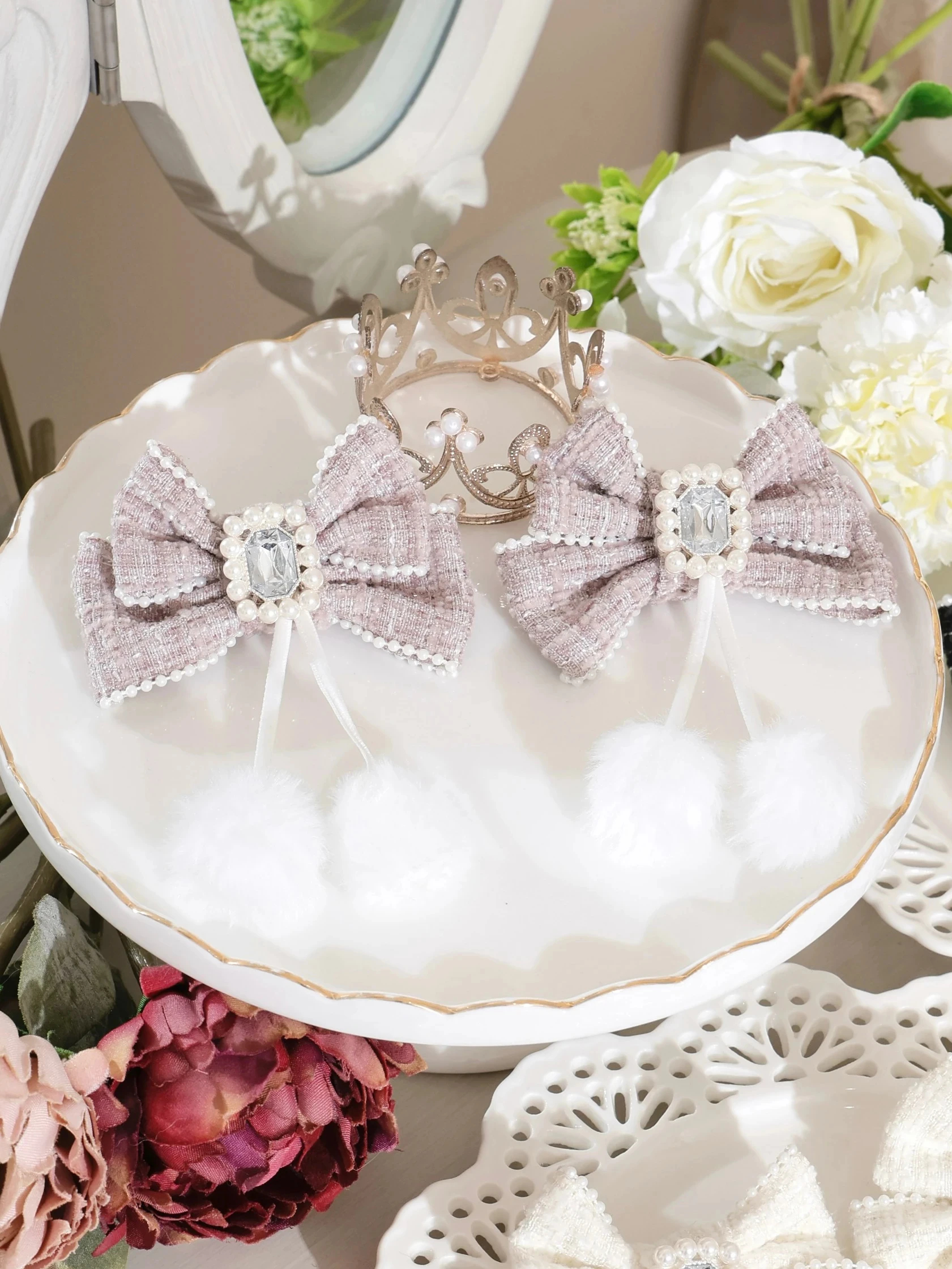 ツイードリボンぽんぽんツインテールクリップ（アクセサリー｜オフ