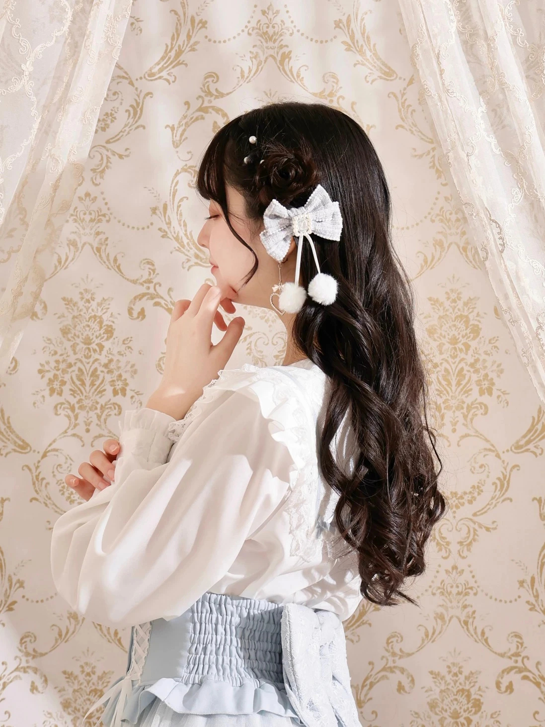 ツイードリボンぽんぽんツインテールクリップ（アクセサリー｜オフ