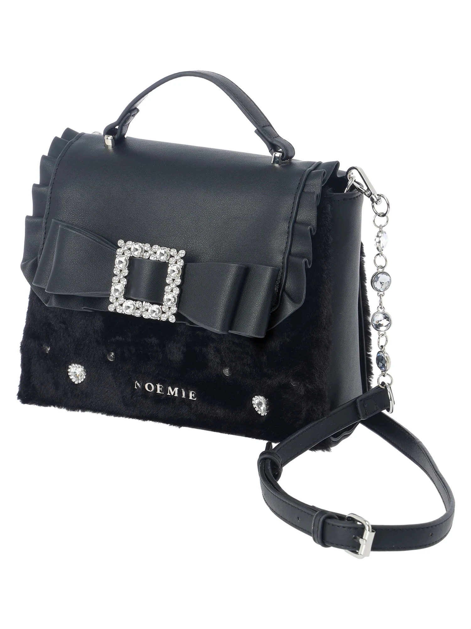 お嬢さんビジューリボンフリルフラップショルダーファーバッグ