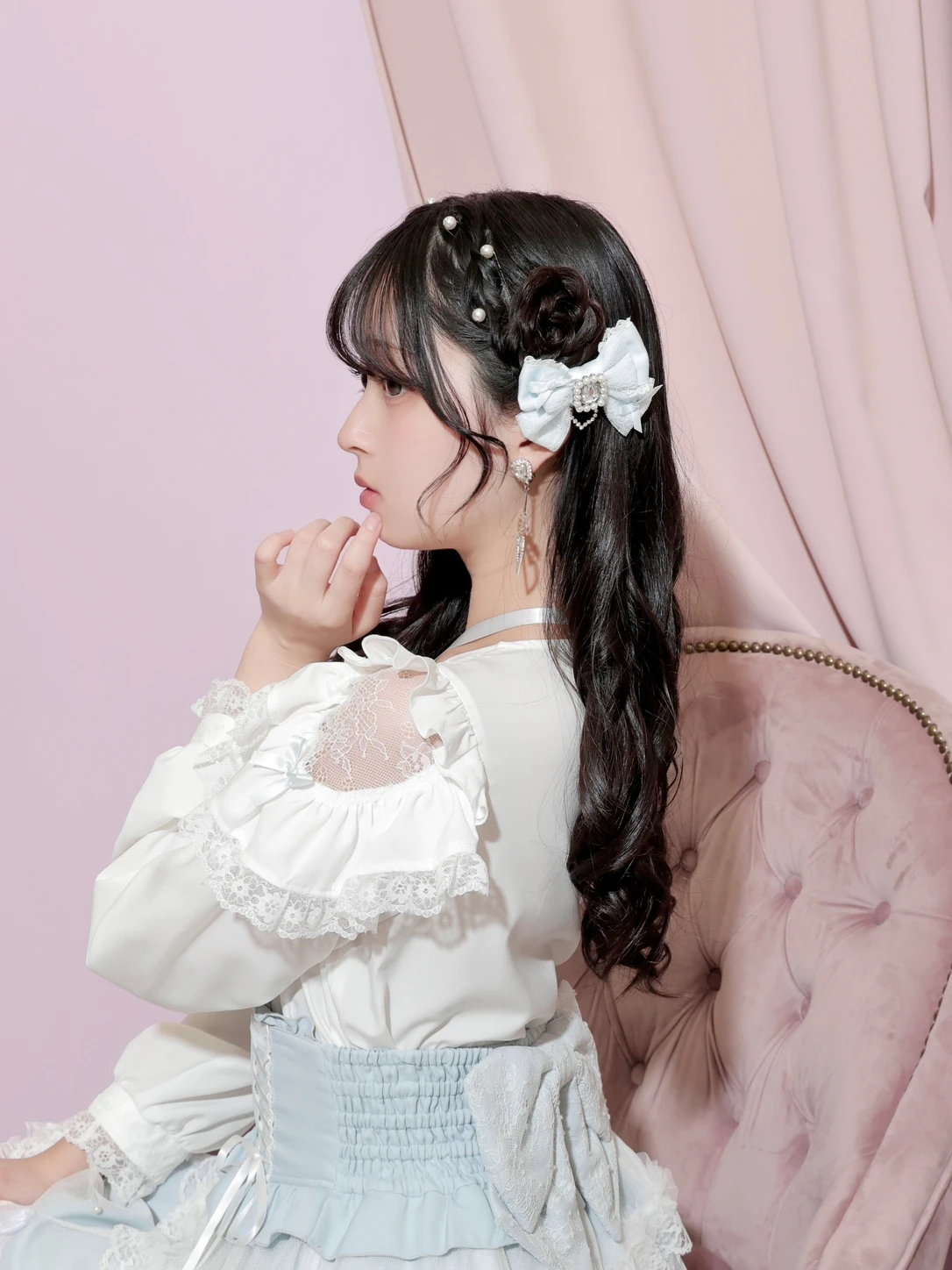 レースリボンツインテールクリップ（アクセサリー｜ピンク・サックス