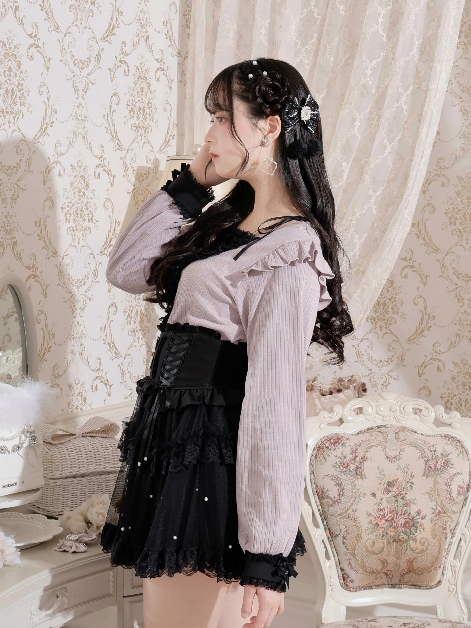 リボンストラップヨークフリルカットソー(カットソー・Tシャツ|A柄 リボンストラップヨークフリルカットソー(カットソー・Tシャツ|A柄