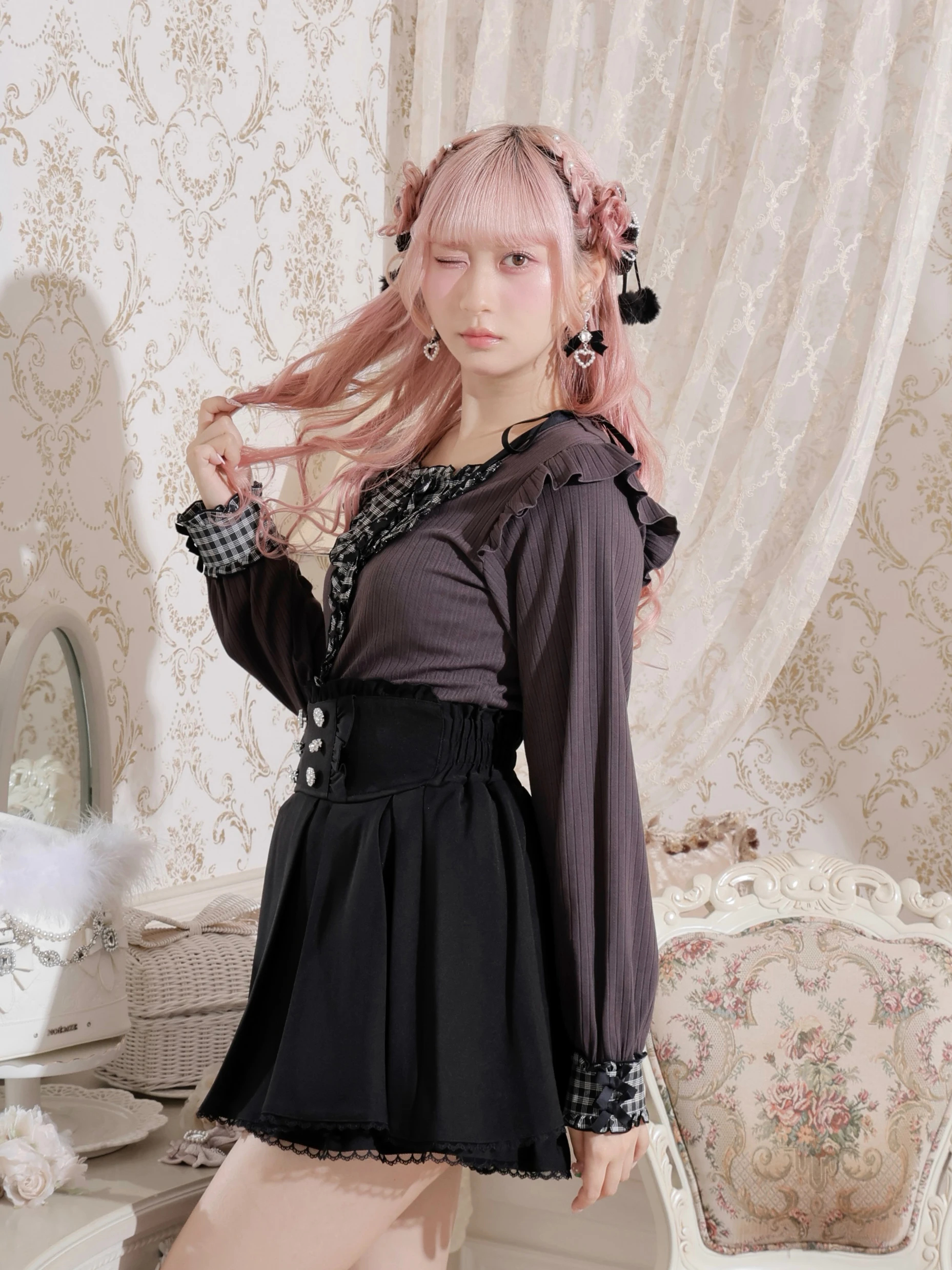 地雷 Ank ブラウス 十字架リボン ノエミー ティアードスカパン セットアップ Ank Rougeパールリボンブラウス サス付きティアードスカパン