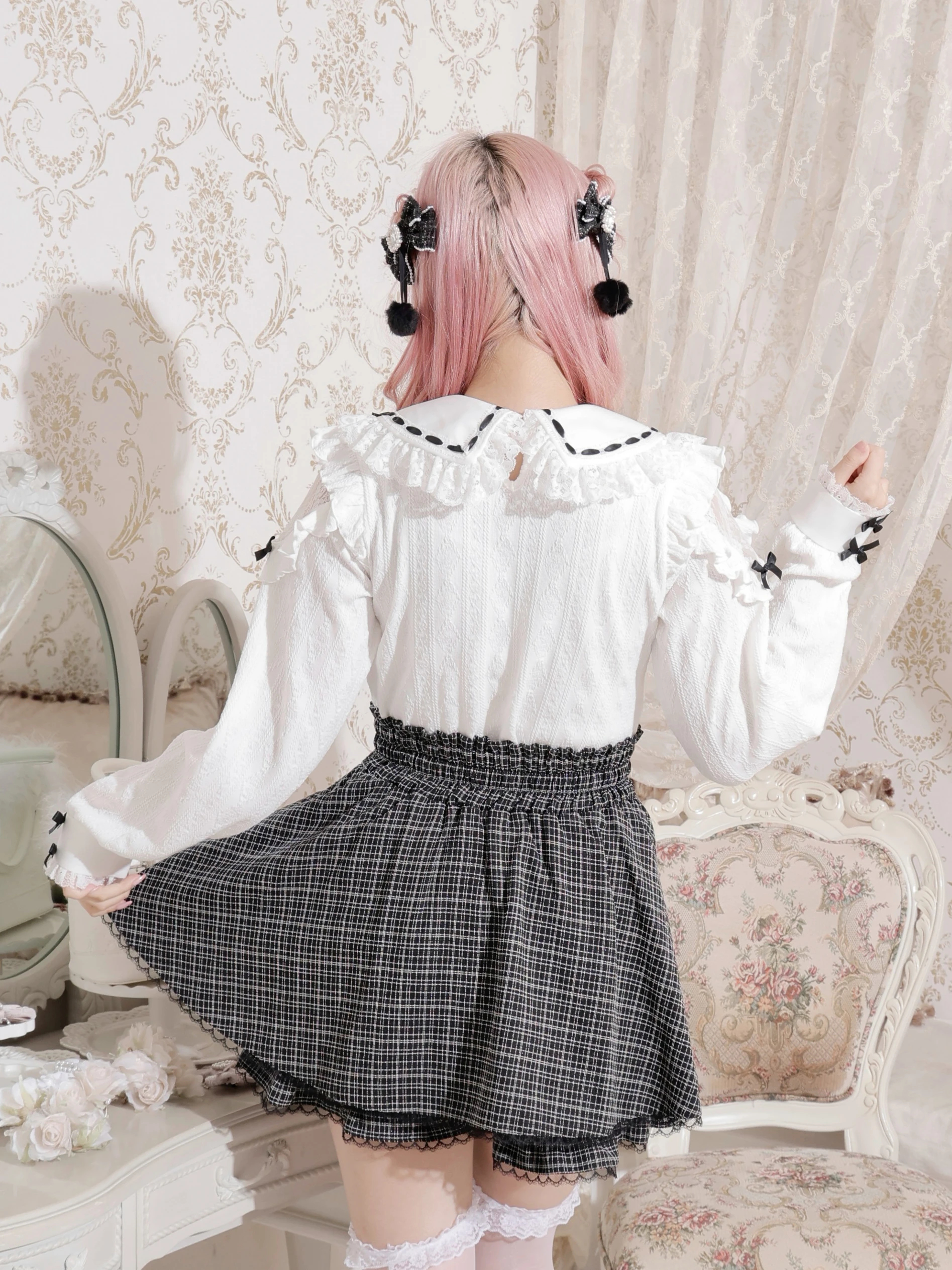 お嬢さんメニーリボンパールオープンショルダーカットソー（カットソー