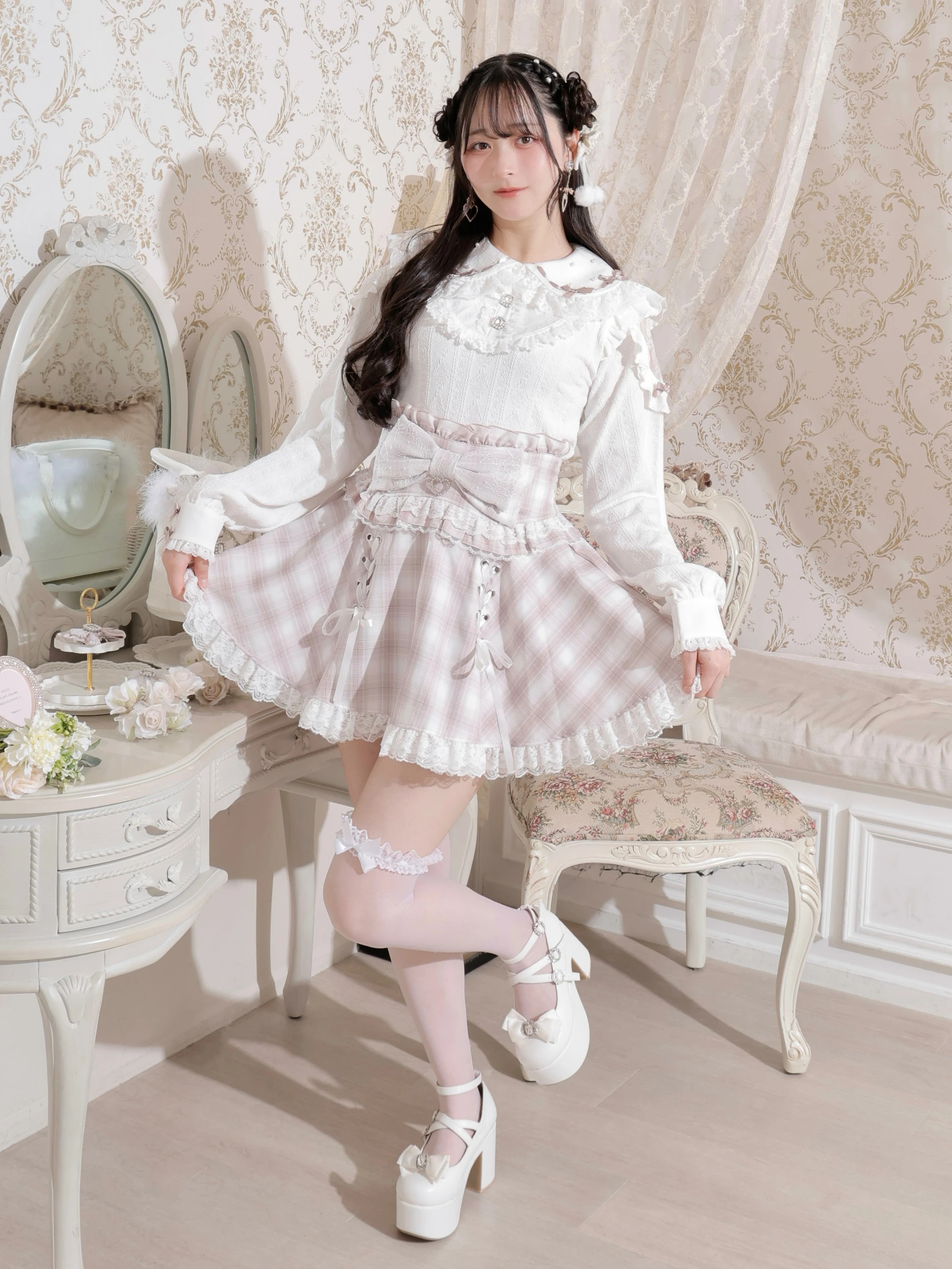 お嬢さんメニーリボンパールオープンショルダーカットソー（カットソー